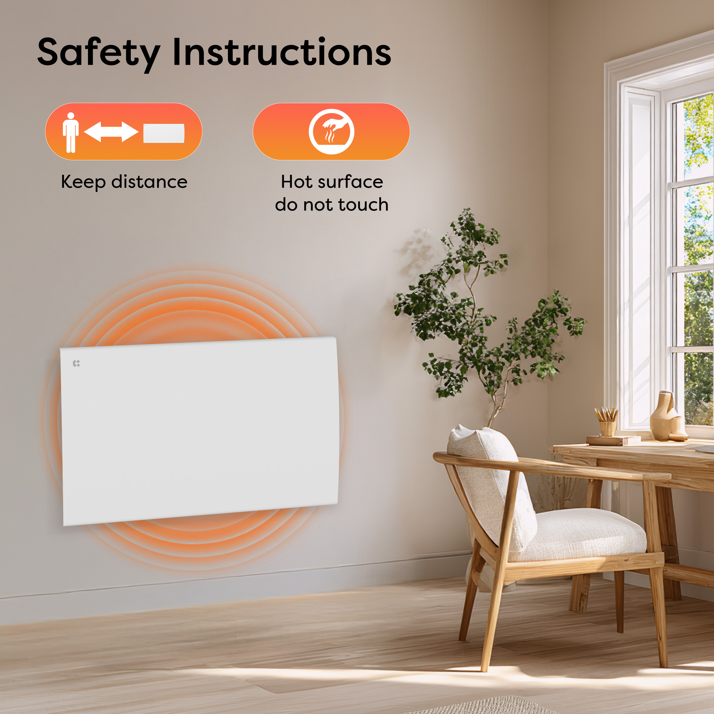 Un radiateur mural blanc avec des icônes de sécurité émettant des ondes de chaleur orange, près d'un bureau et d'une chaise en bois.