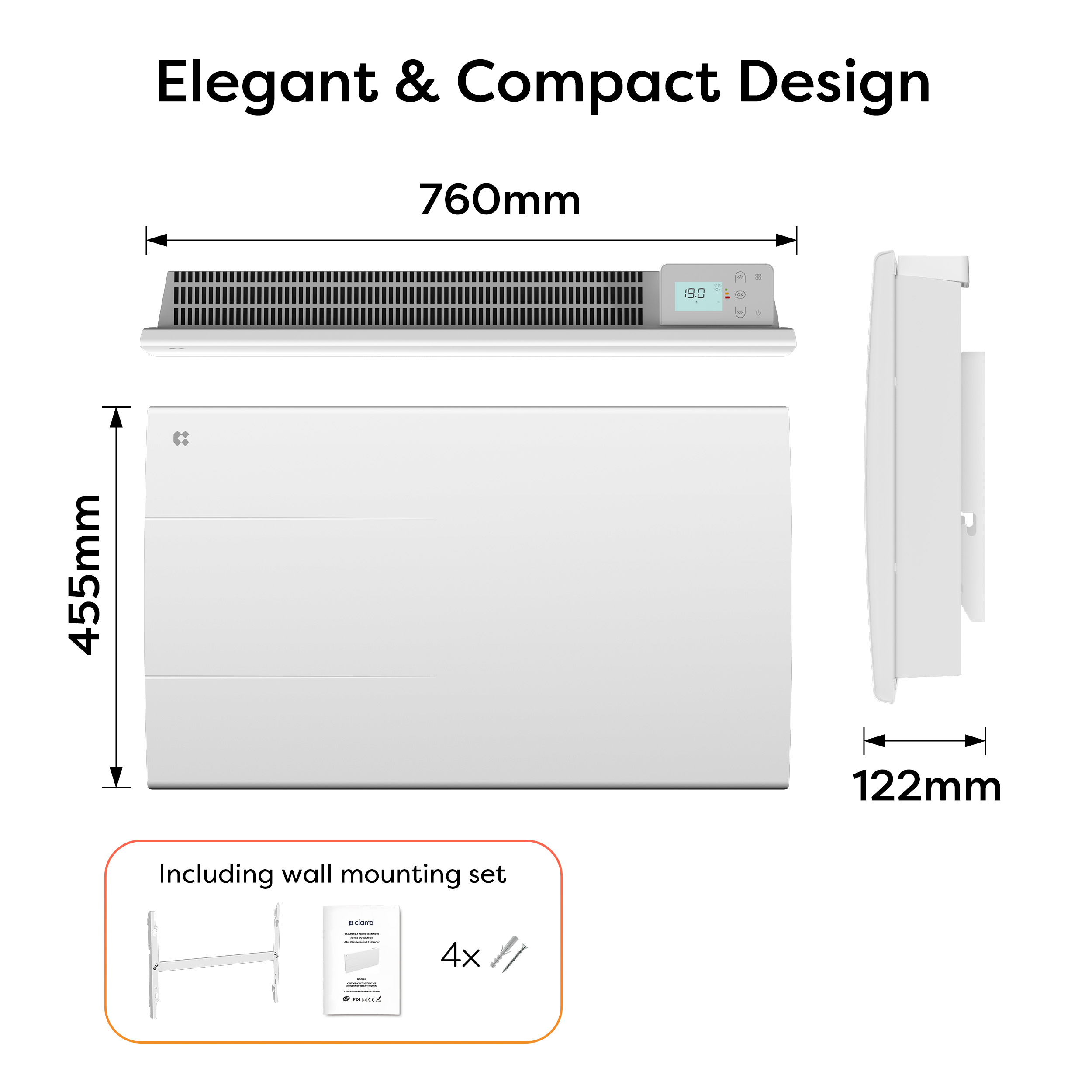 Dessin technique d'un radiateur compact blanc de 760x455x122mm avec kit de montage mural.