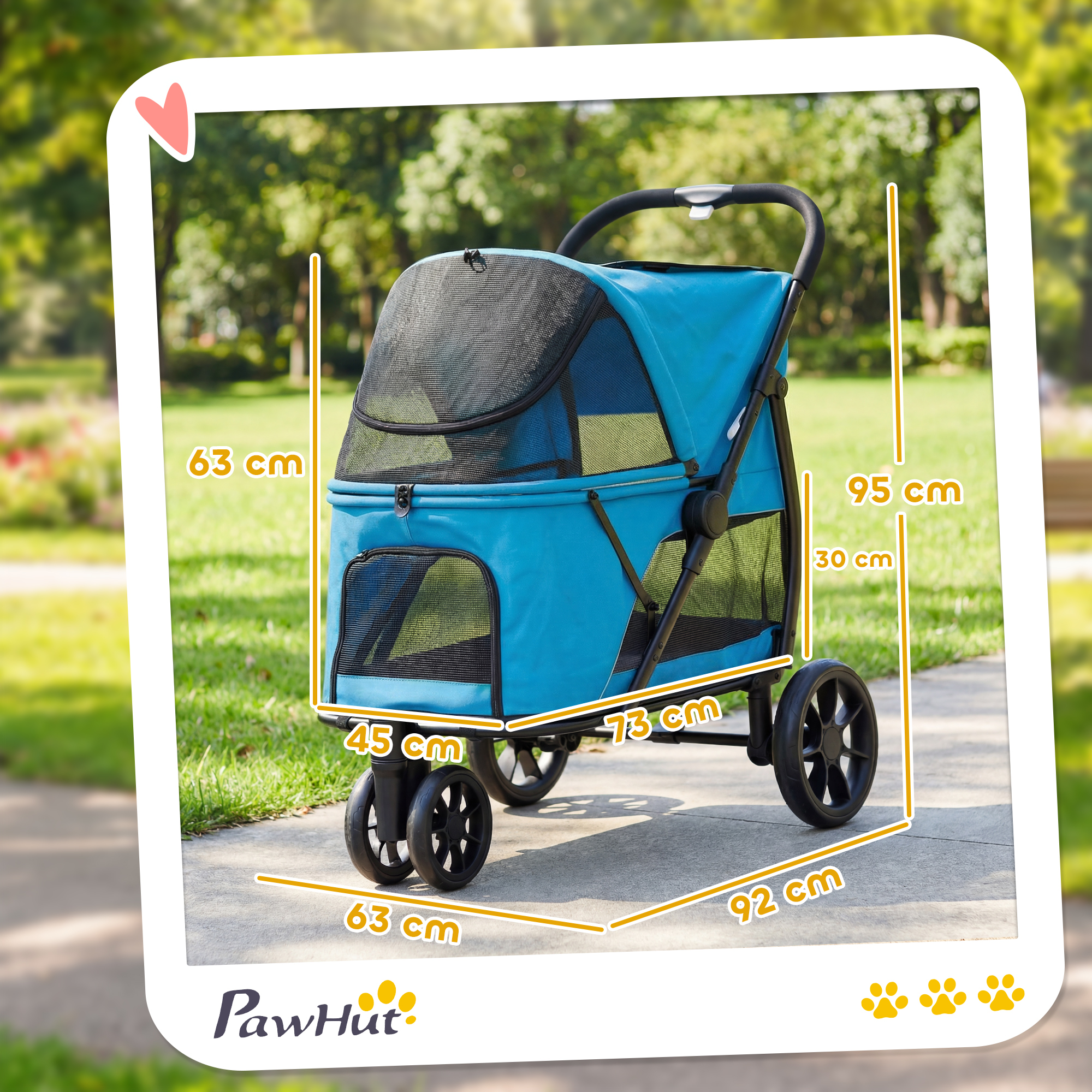 Un carrito azul para mascotas en un camino de parque con etiquetas amarillas.