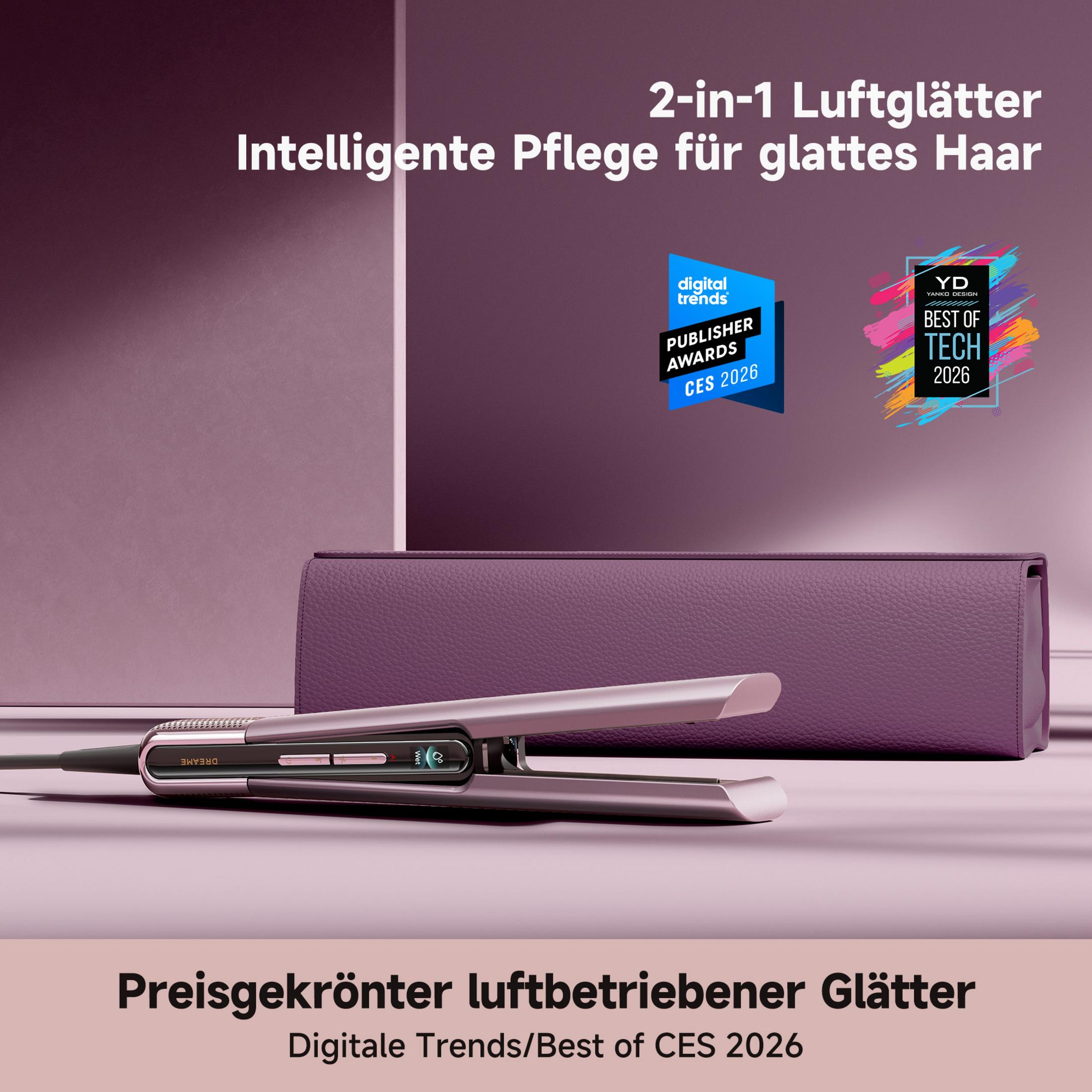 Ein rosa Haarglätter liegt vor einem lila Lederetui vor rosa Hintergrund.