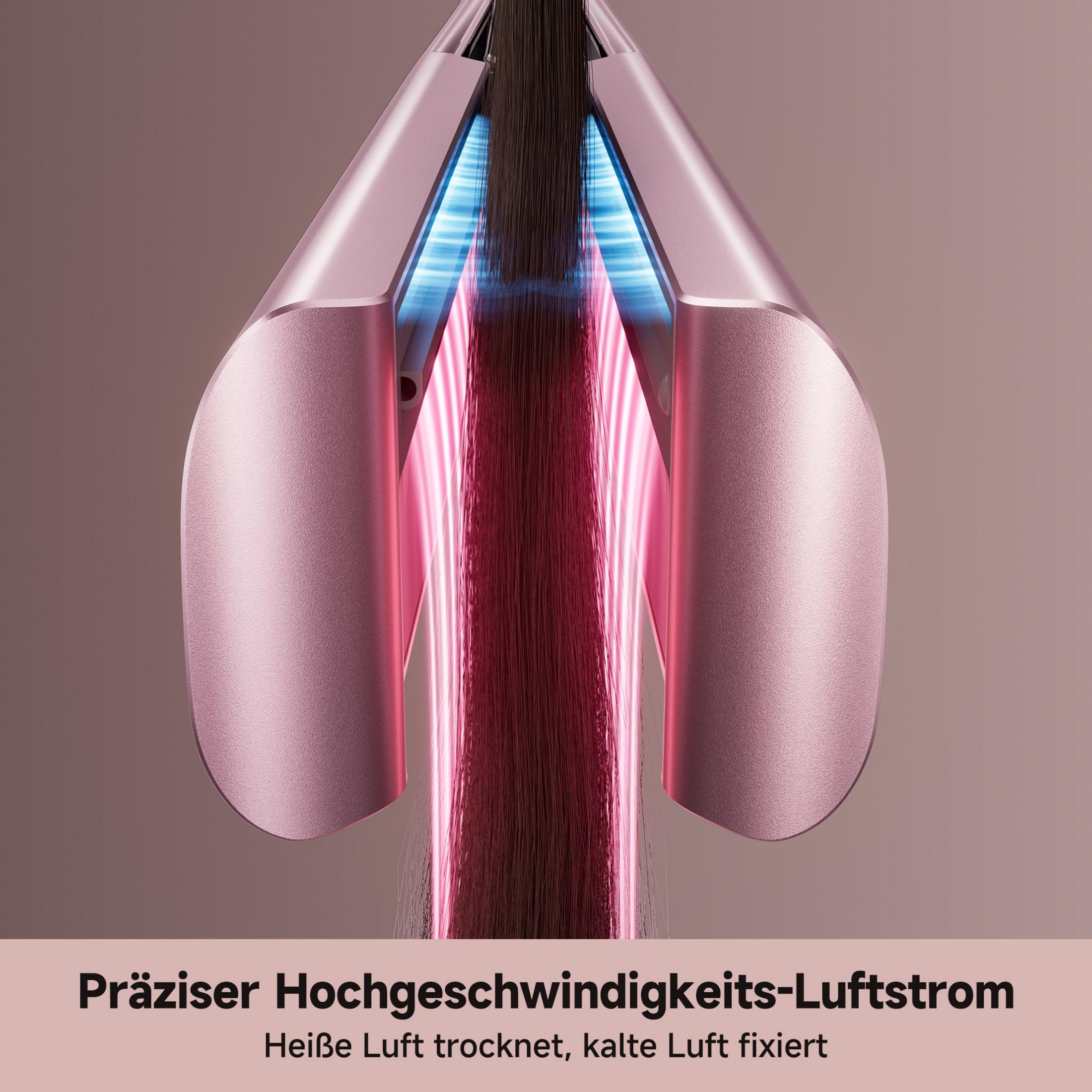 Ein roségoldener Haarglätter leitet heiße und kalte Luft über eine Haarsträhne, mit Text unten.