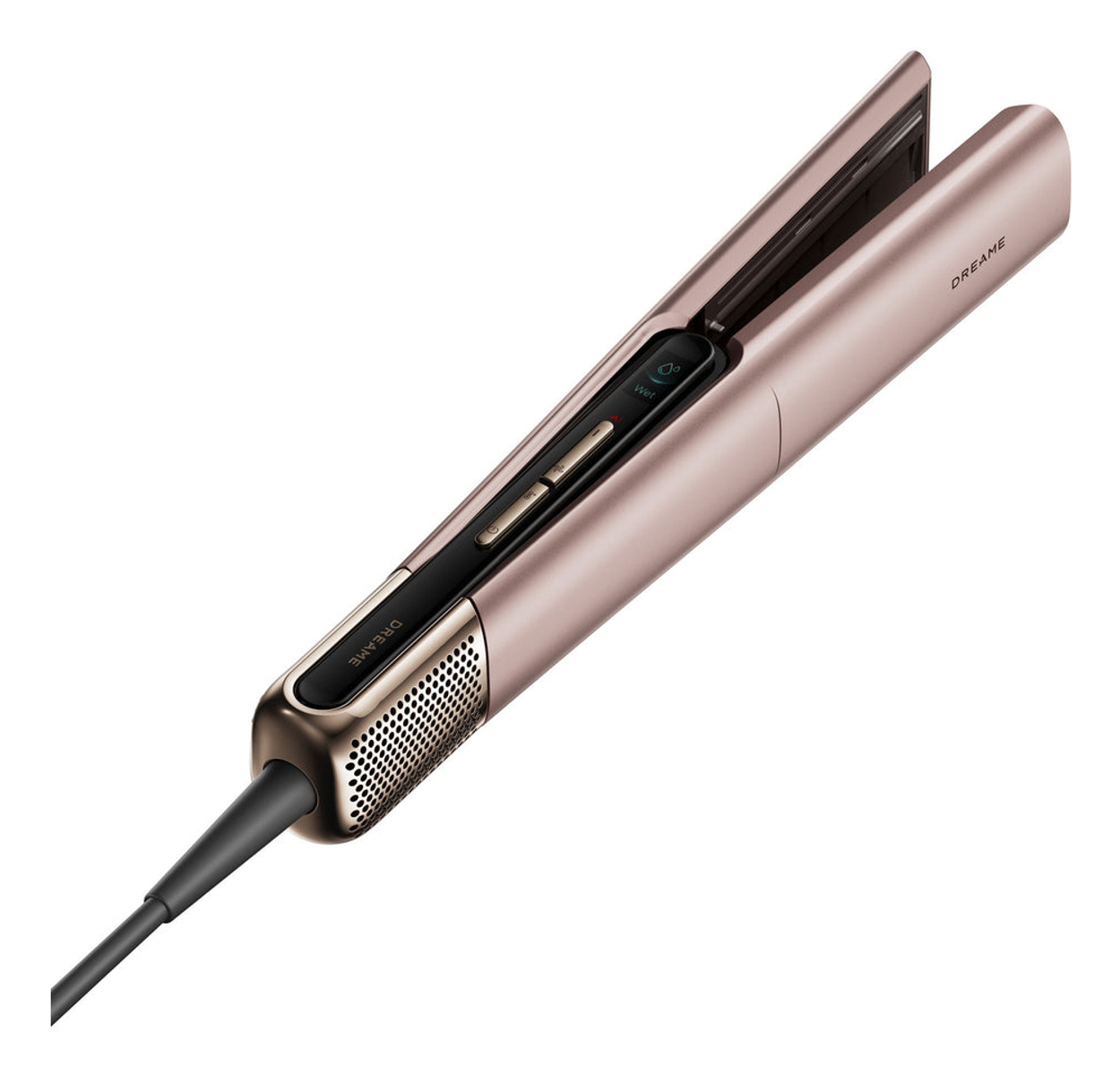 Ein glattes, metallisch roségoldenes Glätteisen mit Digitaldisplay und schwarzem Netzkabel vor weißem Hintergrund.