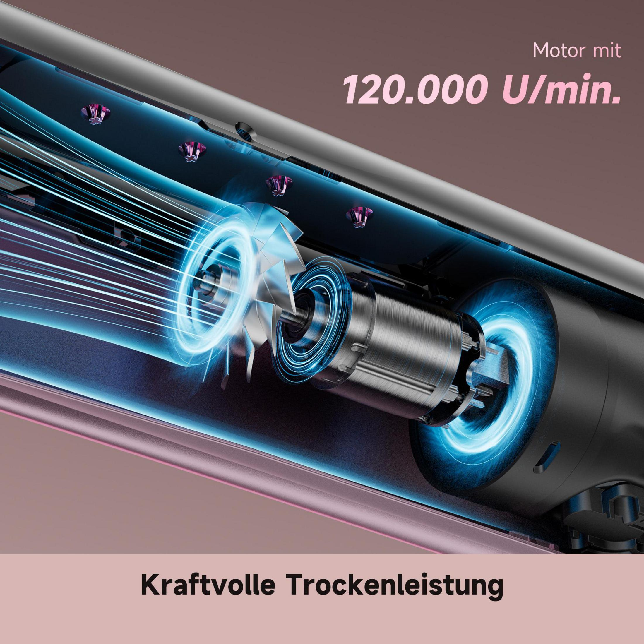 Innenansicht eines leistungsstarken Motors mit blauen Lichteffekten und rotierenden Turbinenschaufeln.