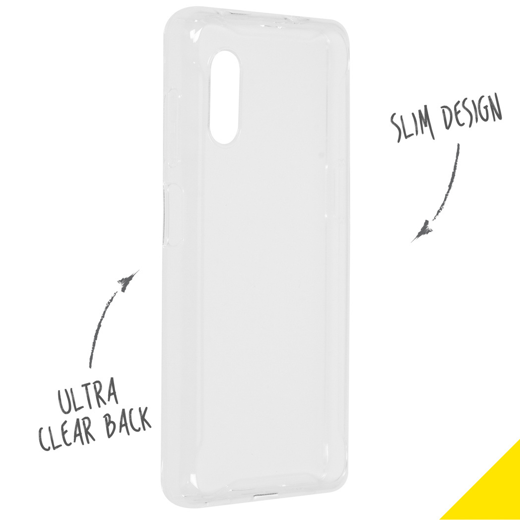 Transparente Smartphone-Hülle mit Aufschriften 'Slim Design' und 'Ultra Clear Back' auf weißem Hintergrund.