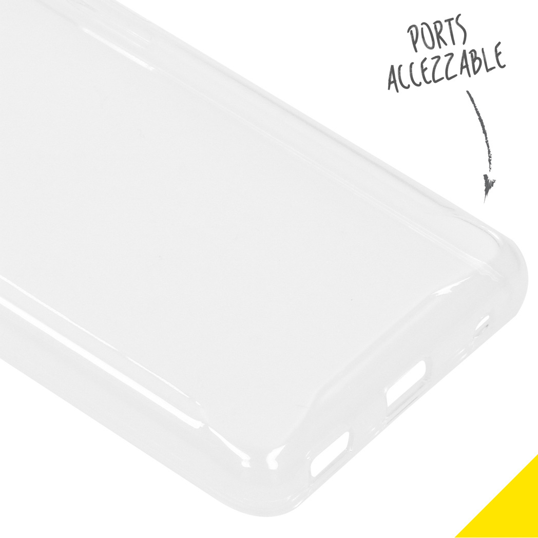 Transparente Handyhülle mit Text "PORTS ACCESSIBLE" und einem Pfeil, der auf die Anschlüsse zeigt.