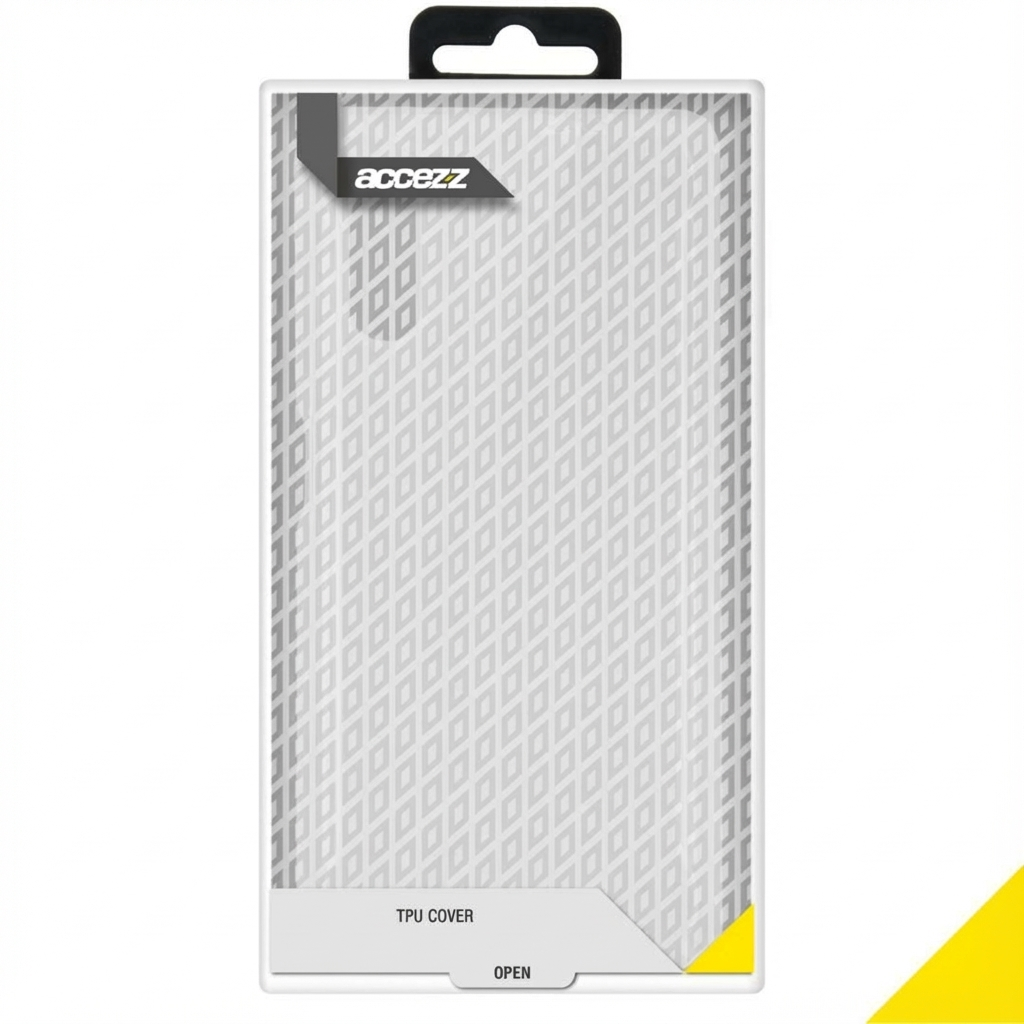 Verpackung einer Accezz TPU Cover Handytasche mit weißem Rautenmuster vor weißem Hintergrund.