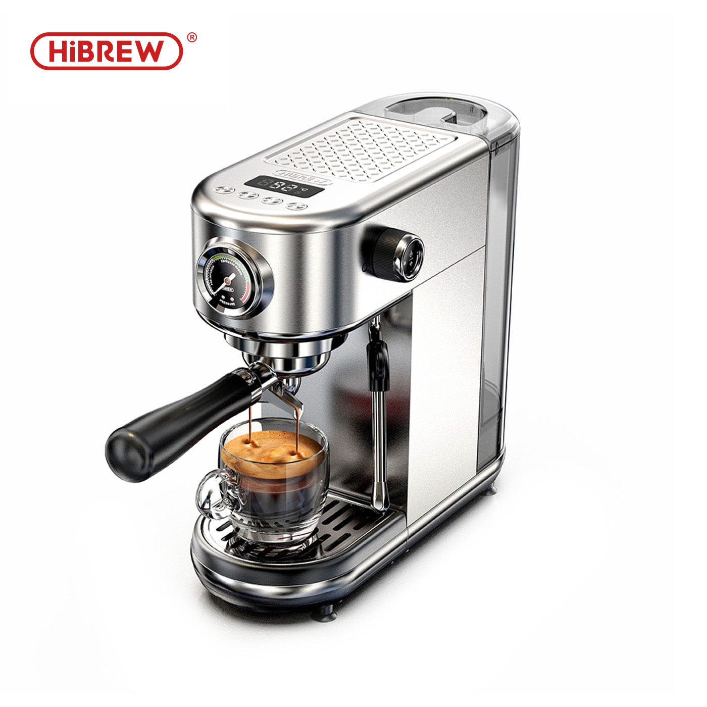Una cafetera espresso HiBREW plateada prepara café en una taza de vidrio sobre fondo blanco.