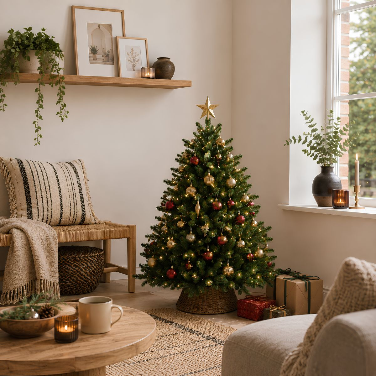 Een versierde kerstboom met goud en rode ballen staat in een lichte, gezellige woonkamer.
