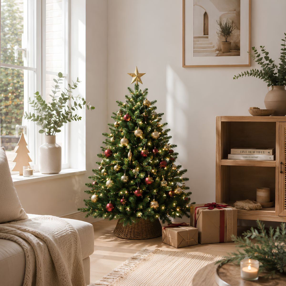 Een versierde kerstboom in een lichte woonkamer met cadeautjes eronder en een houten kast.
