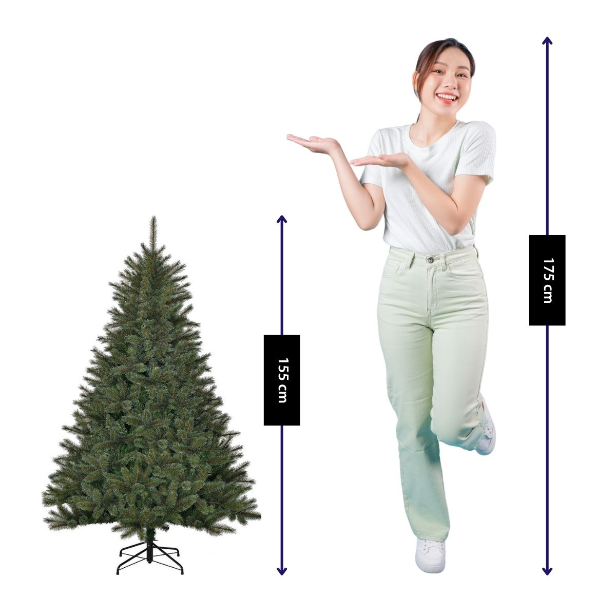 A woman poses next to a 155 cm artificial Christmas tree against a white background.
