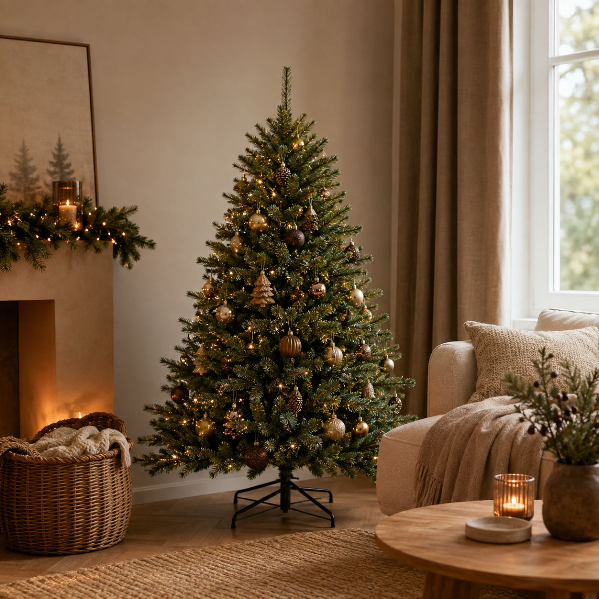 A decorated Christmas tree stands in a cozy living room with a fireplace, sofa, and glowing lights.