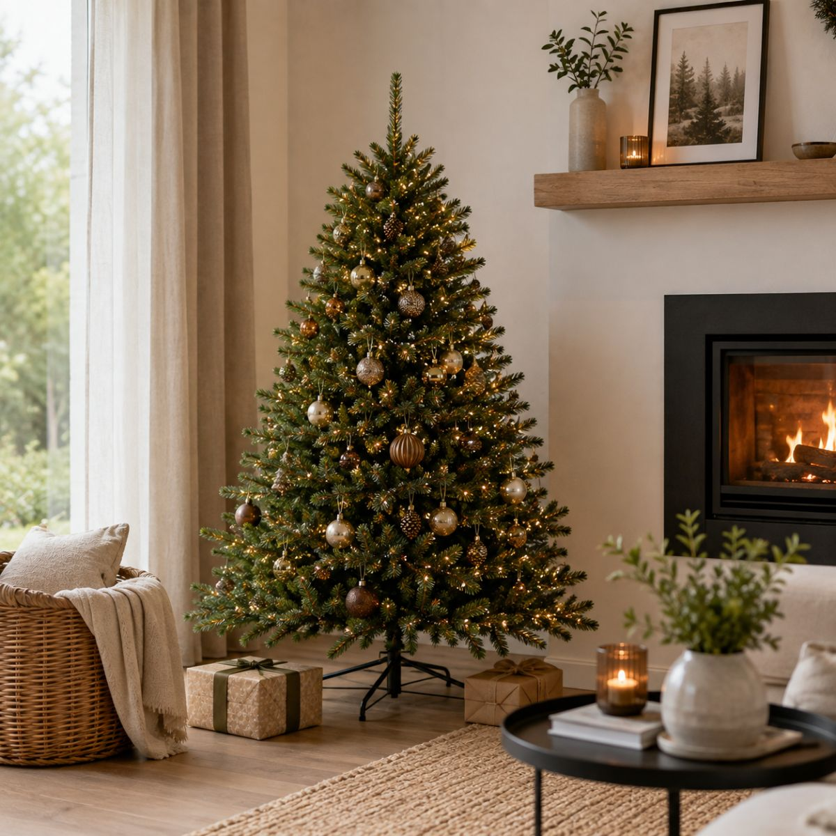 A decorated Christmas tree with lights and baubles stands in a cozy living room with a fireplace.