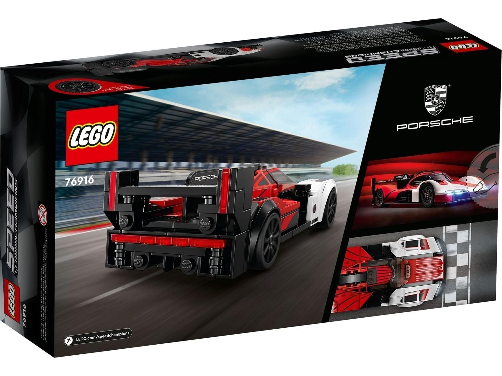 Lego Speed Champions Porsche Verpackung mit rotem und weißem Rennwagen auf Rennstrecke.