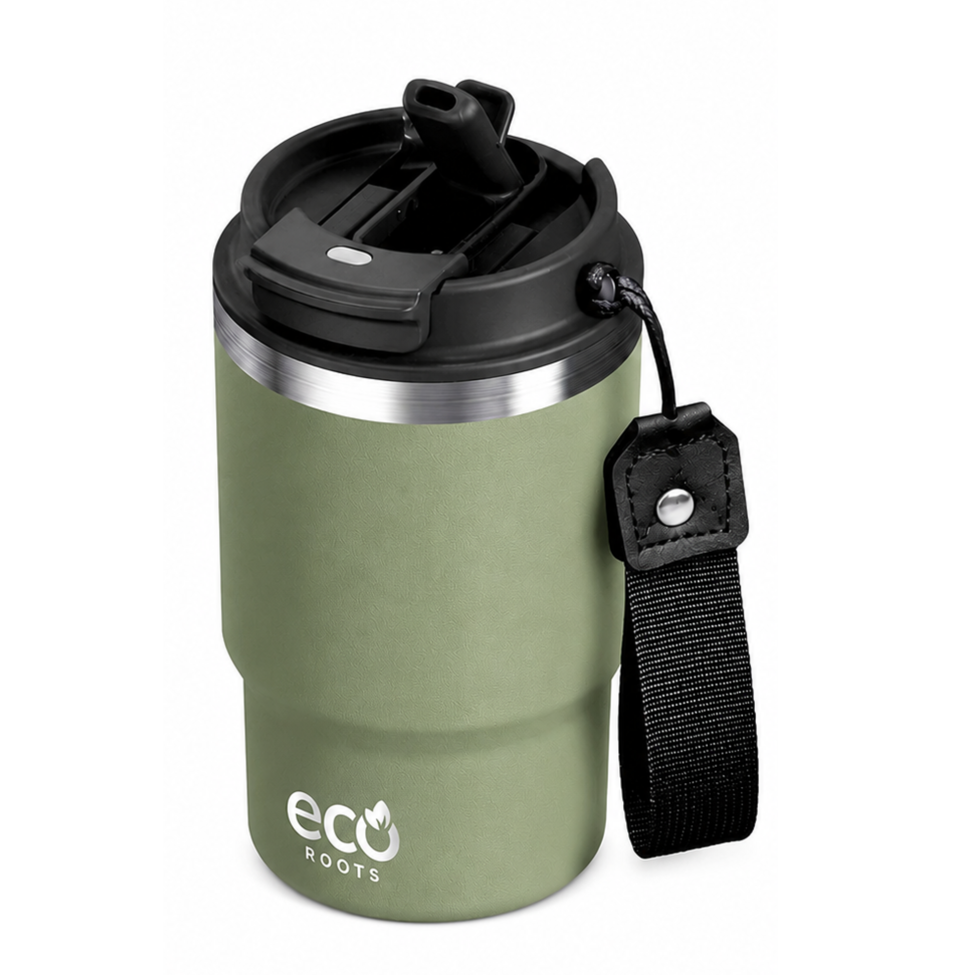 Una taza de viaje verde mate con tapa y correa negras sobre fondo blanco.
