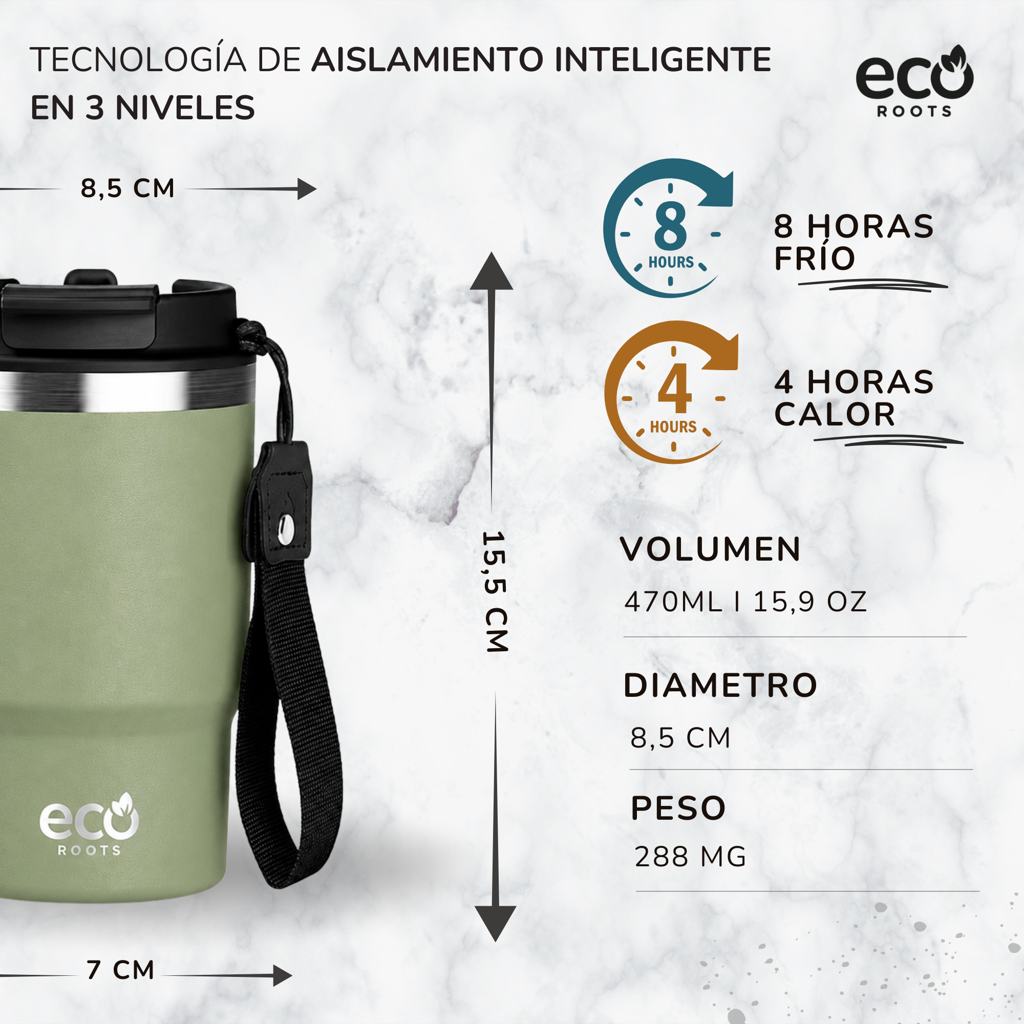 Taza térmica verde Eco Roots con medidas, iconos de 8h frío y 4h calor y detalles de volumen sobre fondo de mármol.