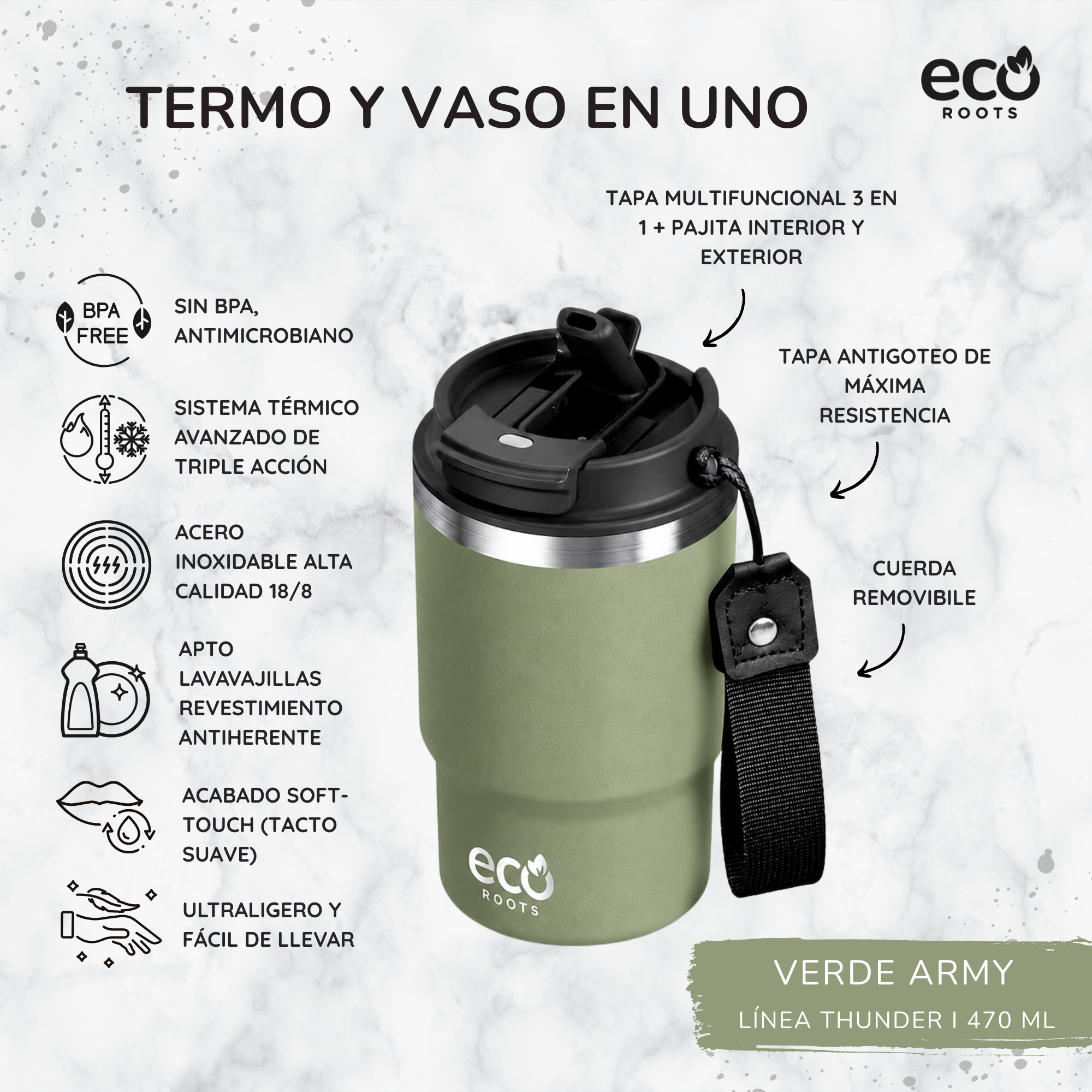Vaso térmico verde militar con características como sin BPA, acero inoxidable y tapa multifunción sobre fondo de mármol.