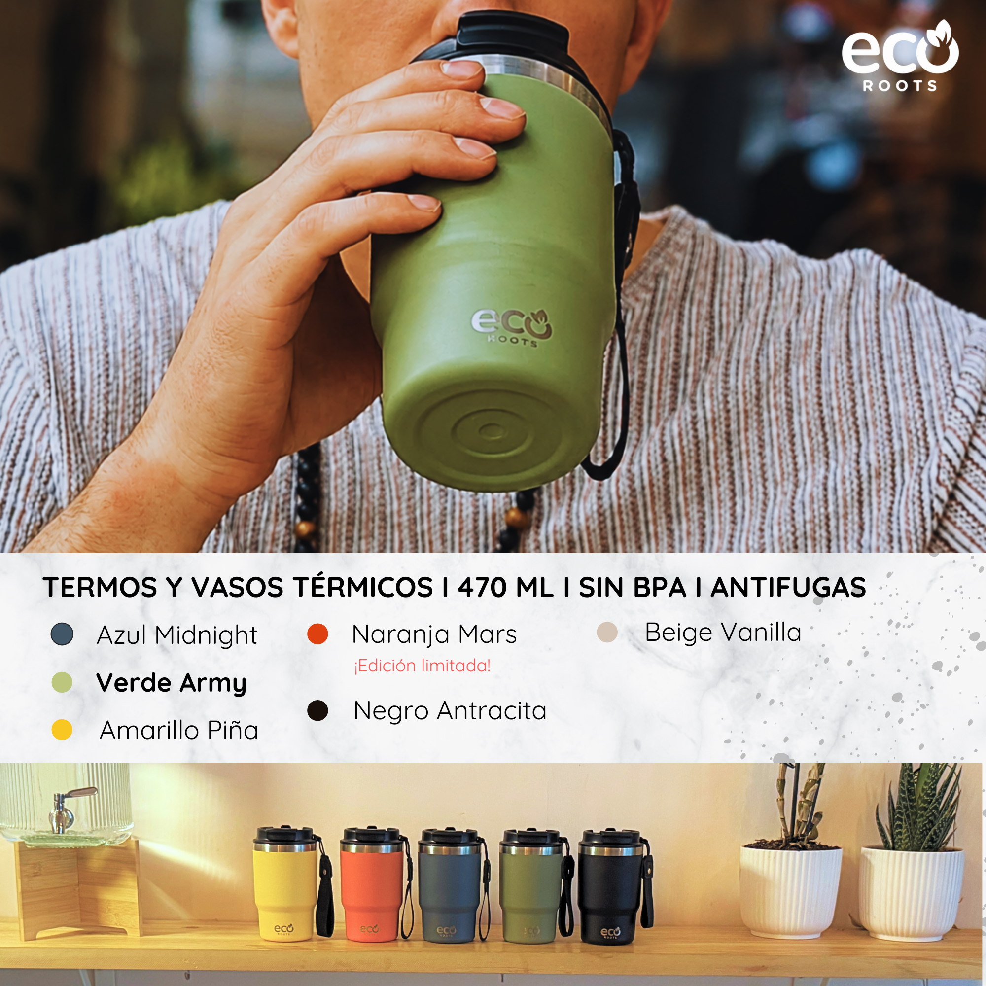 Una persona bebe de un vaso térmico verde Eco Roots, con opciones de color y cinco vasos abajo.