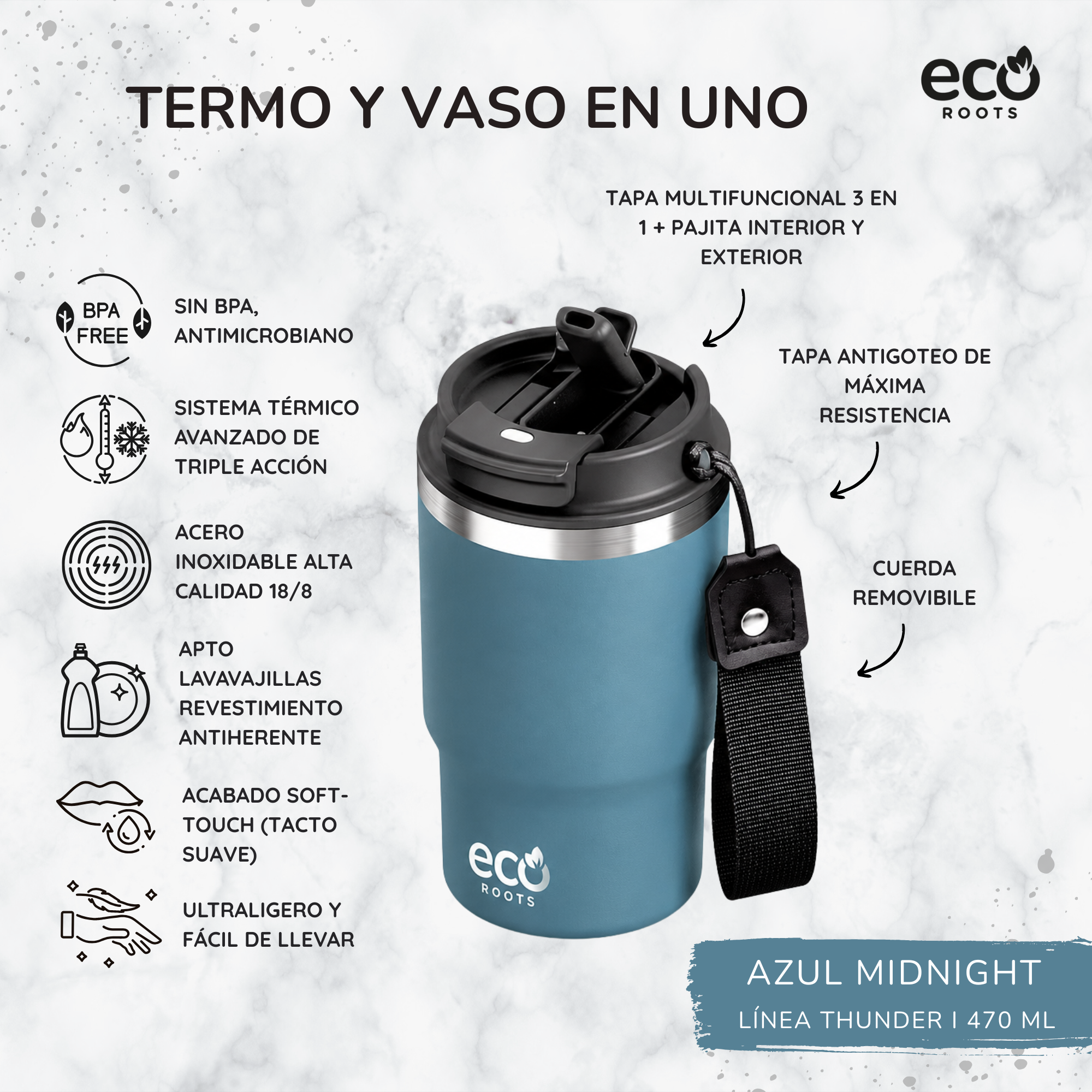 Vaso térmico Eco Roots azul midnight de 470 ml con características sobre fondo de mármol.