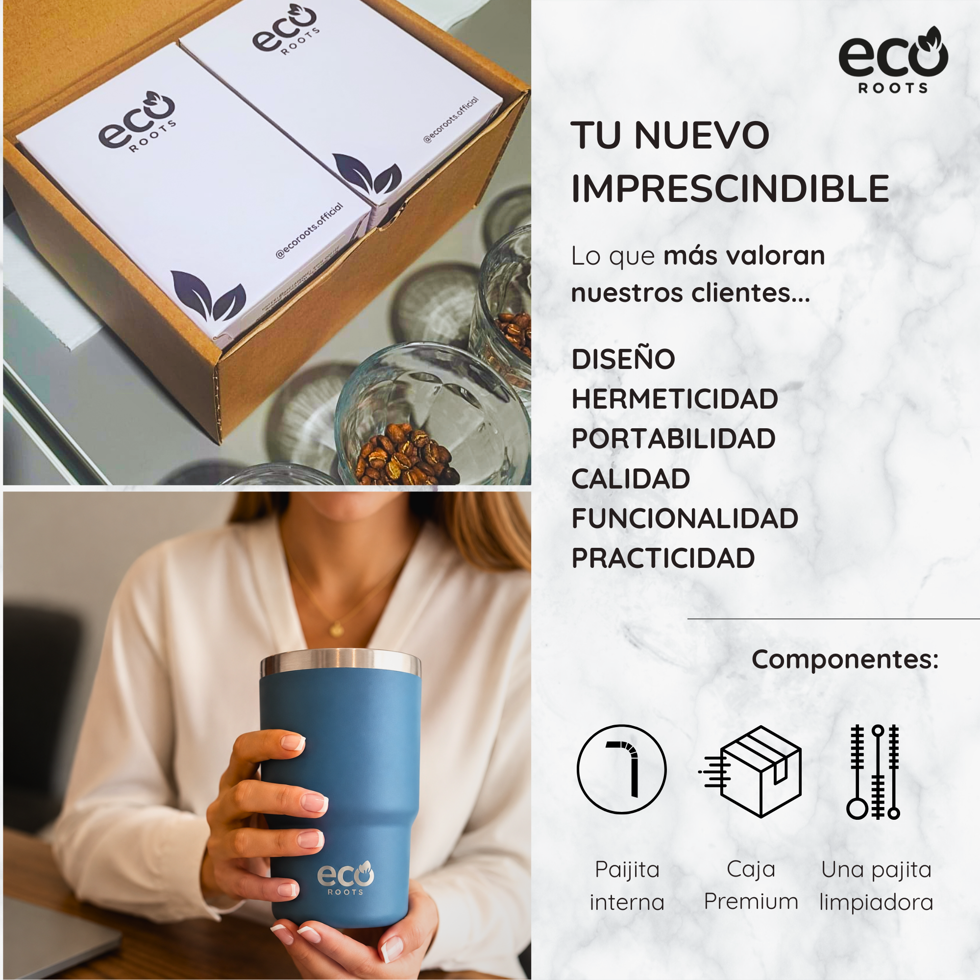 Imagen promocional de Eco Roots con vaso, granos de café y características.