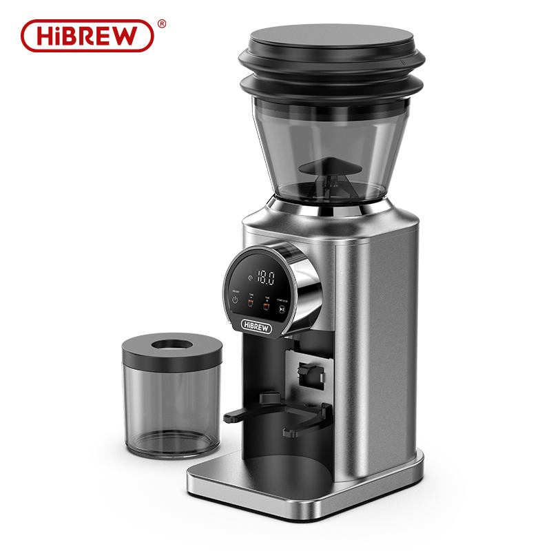 Moderno molinillo de café HiBrew plateado con pantalla digital y recipiente separado.