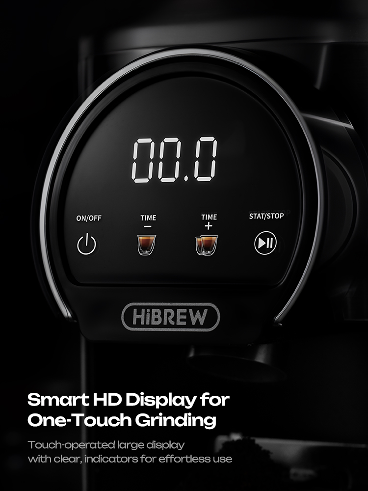 Primer plano de la pantalla LED del molinillo inteligente HiBREW que muestra 00.0, botones táctiles.