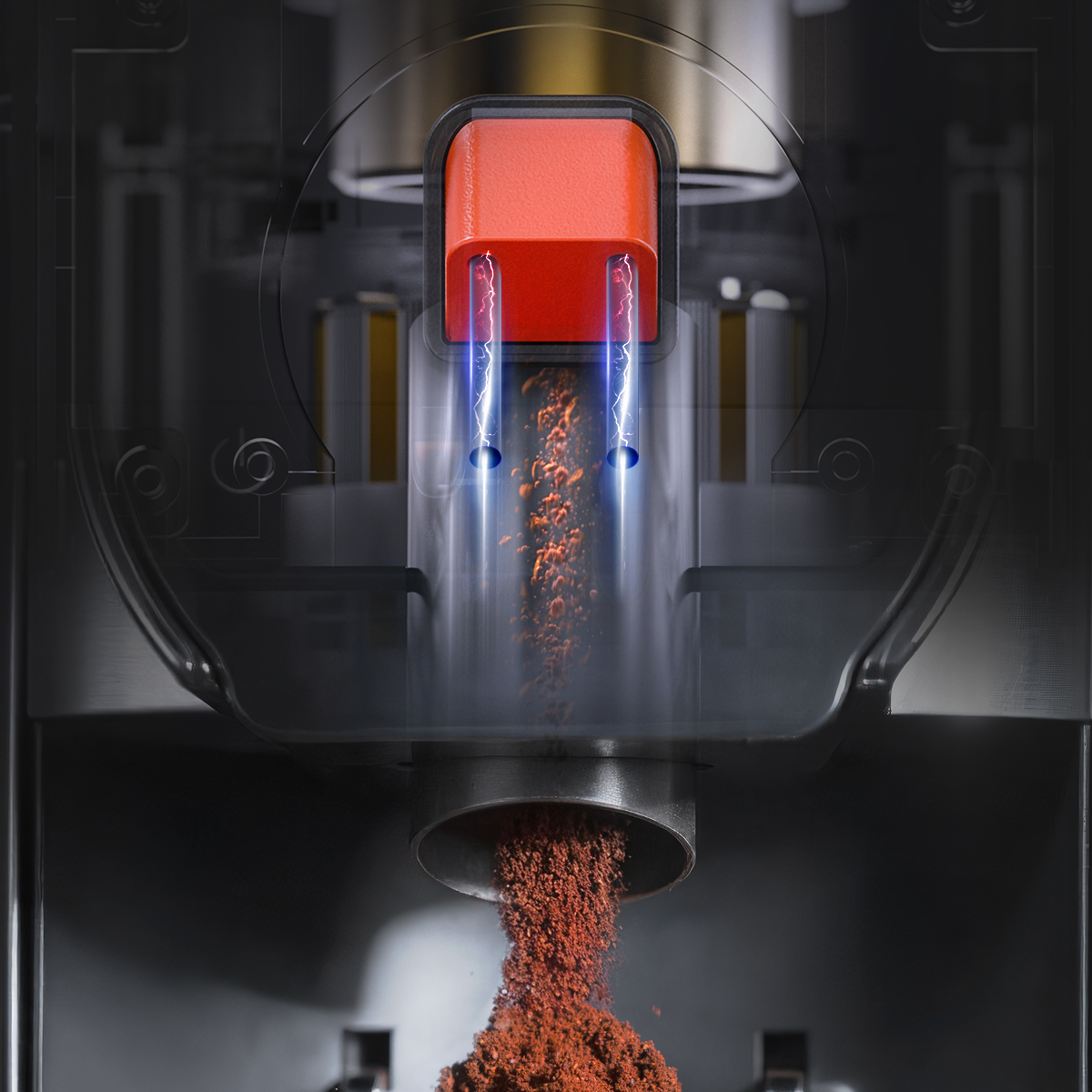 Café molido cae de un dispensador rojo con guías láser azules brillantes dentro de una máquina oscura.