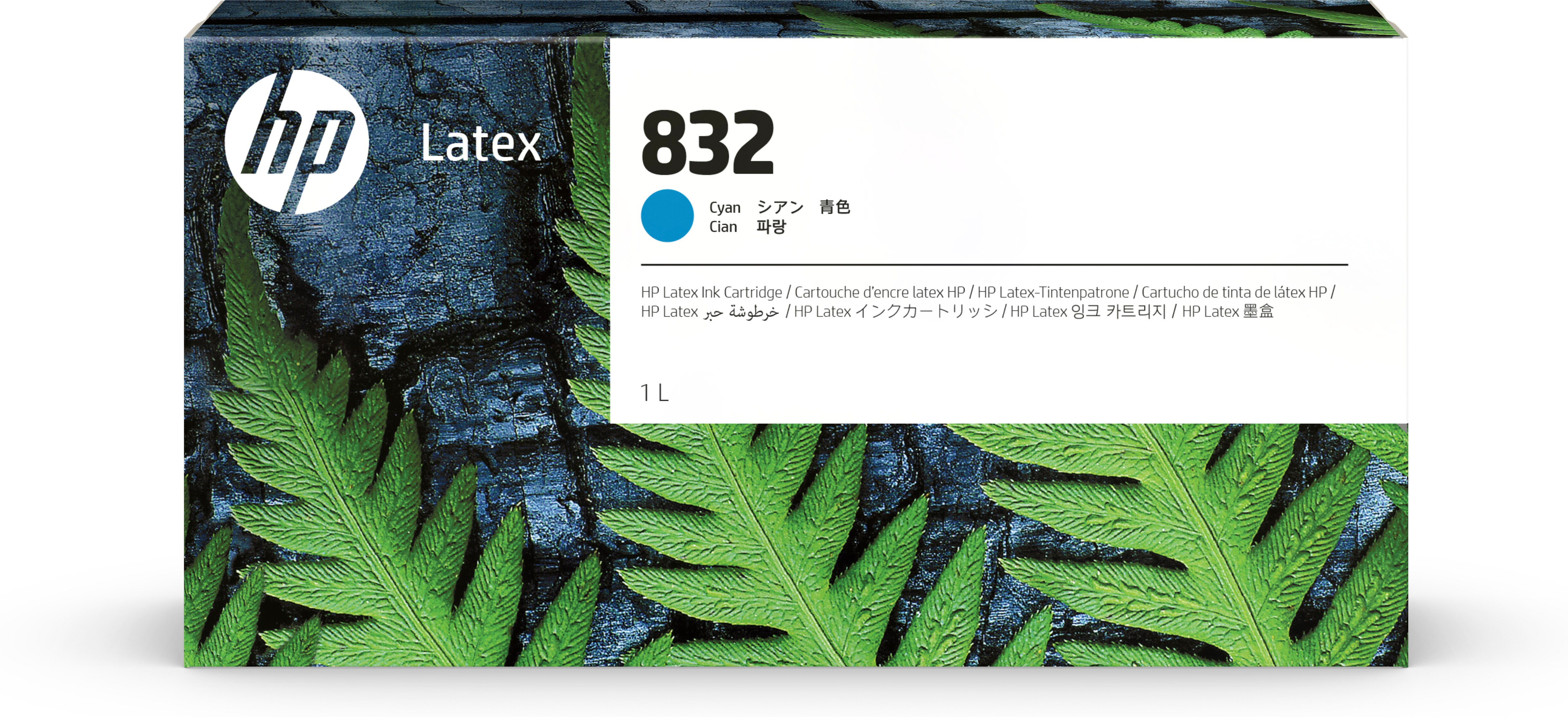Cartucho de tinta cian HP Latex 832, 1 litro, decorado con hojas de helecho verdes sobre fondo oscuro.