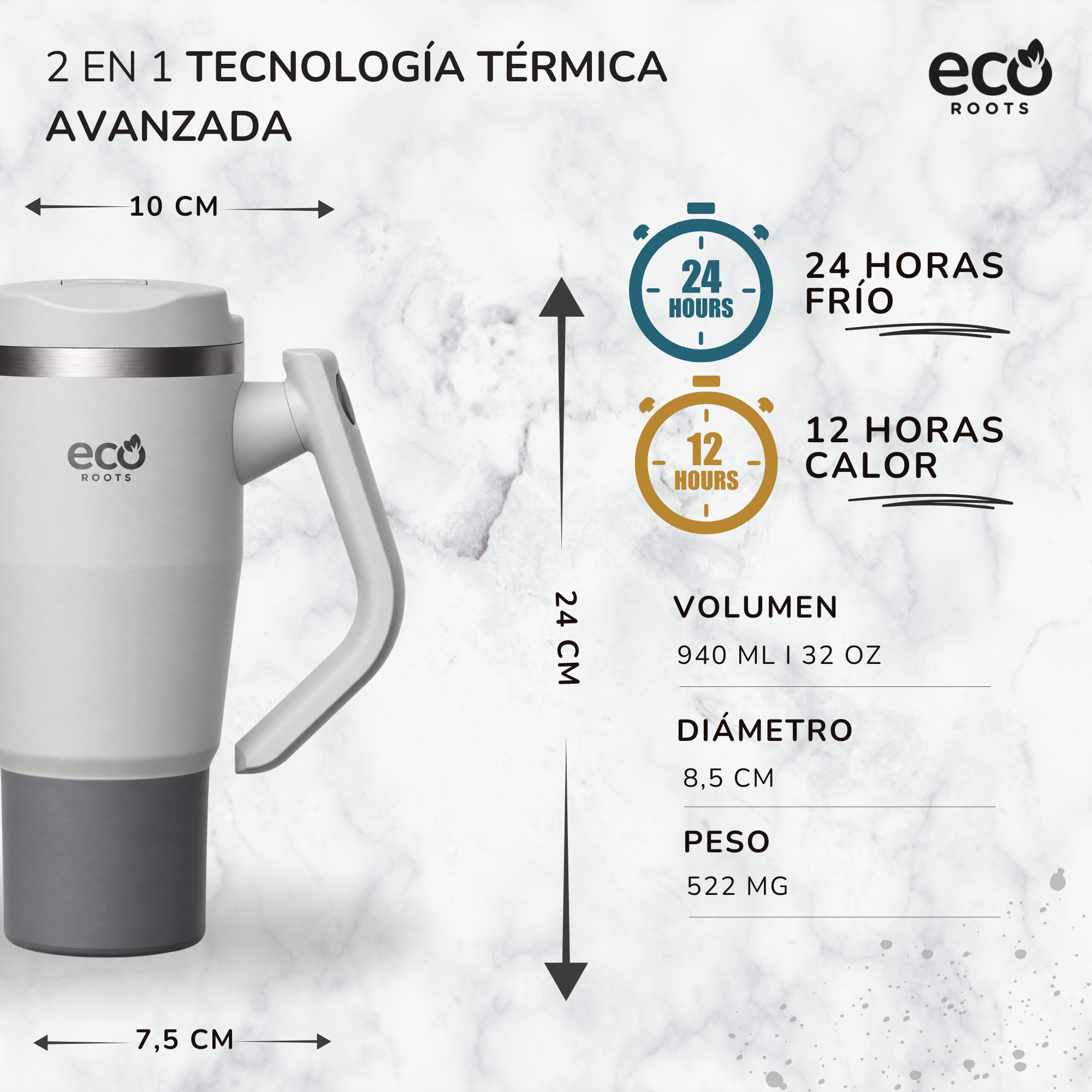 Taza térmica gris con asa y dimensiones sobre fondo de mármol.