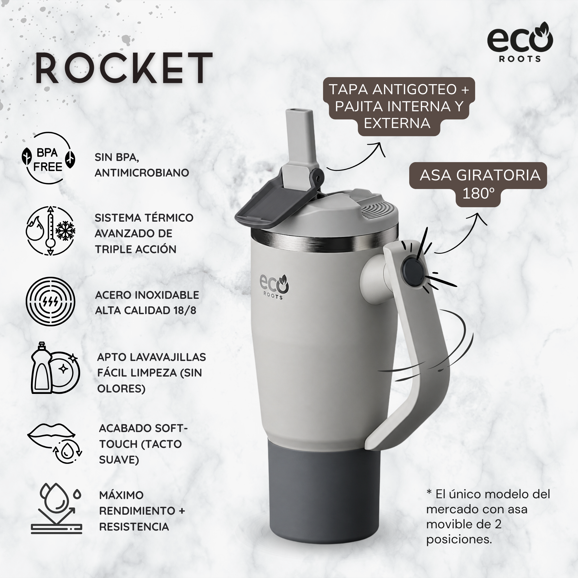 Vaso gris Rocket de Eco Roots sobre fondo de mármol con descripciones en español.