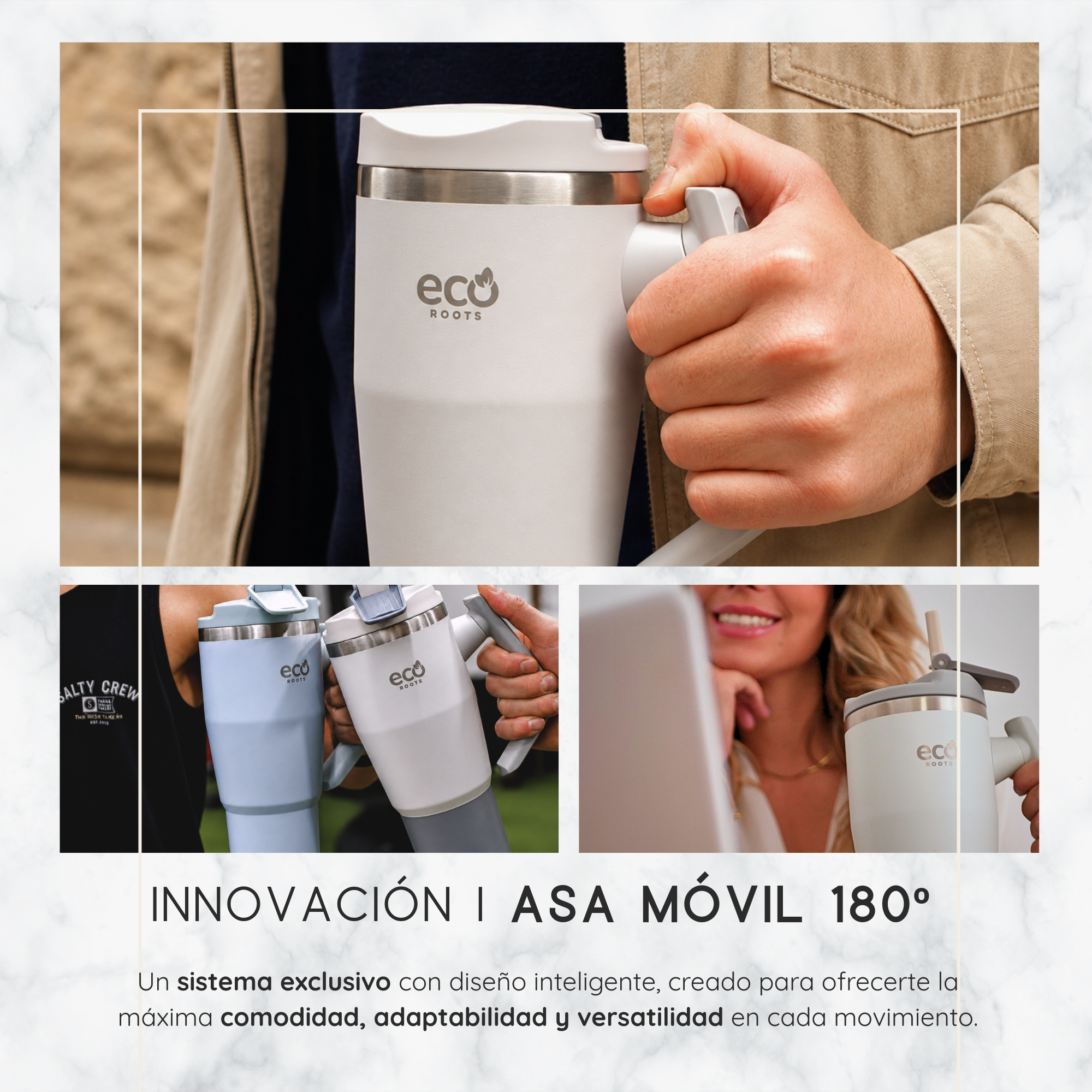 Una persona sostiene una taza de viaje blanca Eco Roots con asa móvil de 180 grados en una imagen promocional.