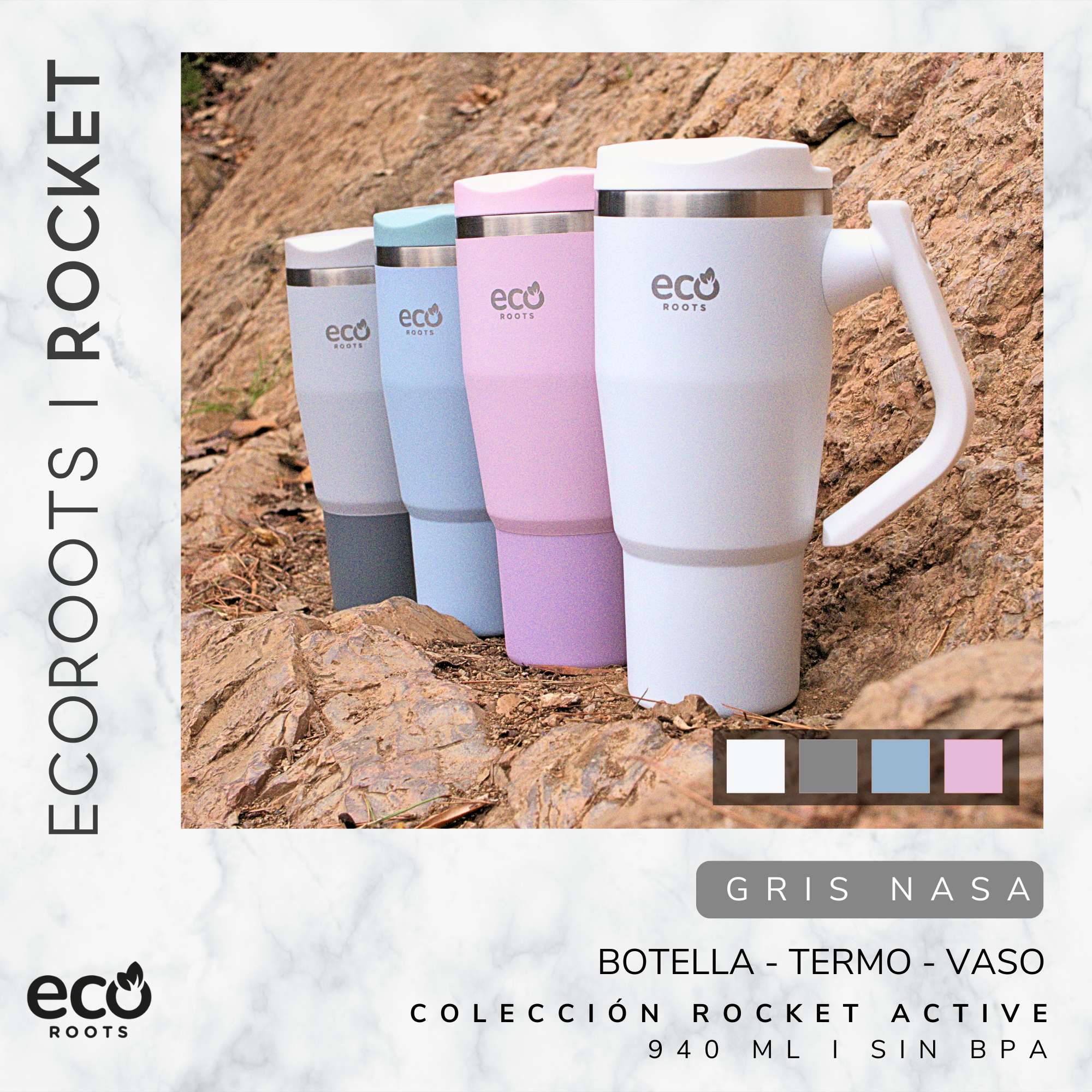 Cuatro vasos térmicos coloridos de Ecoroots alineados en un suelo rocoso frente a una pared de roca.