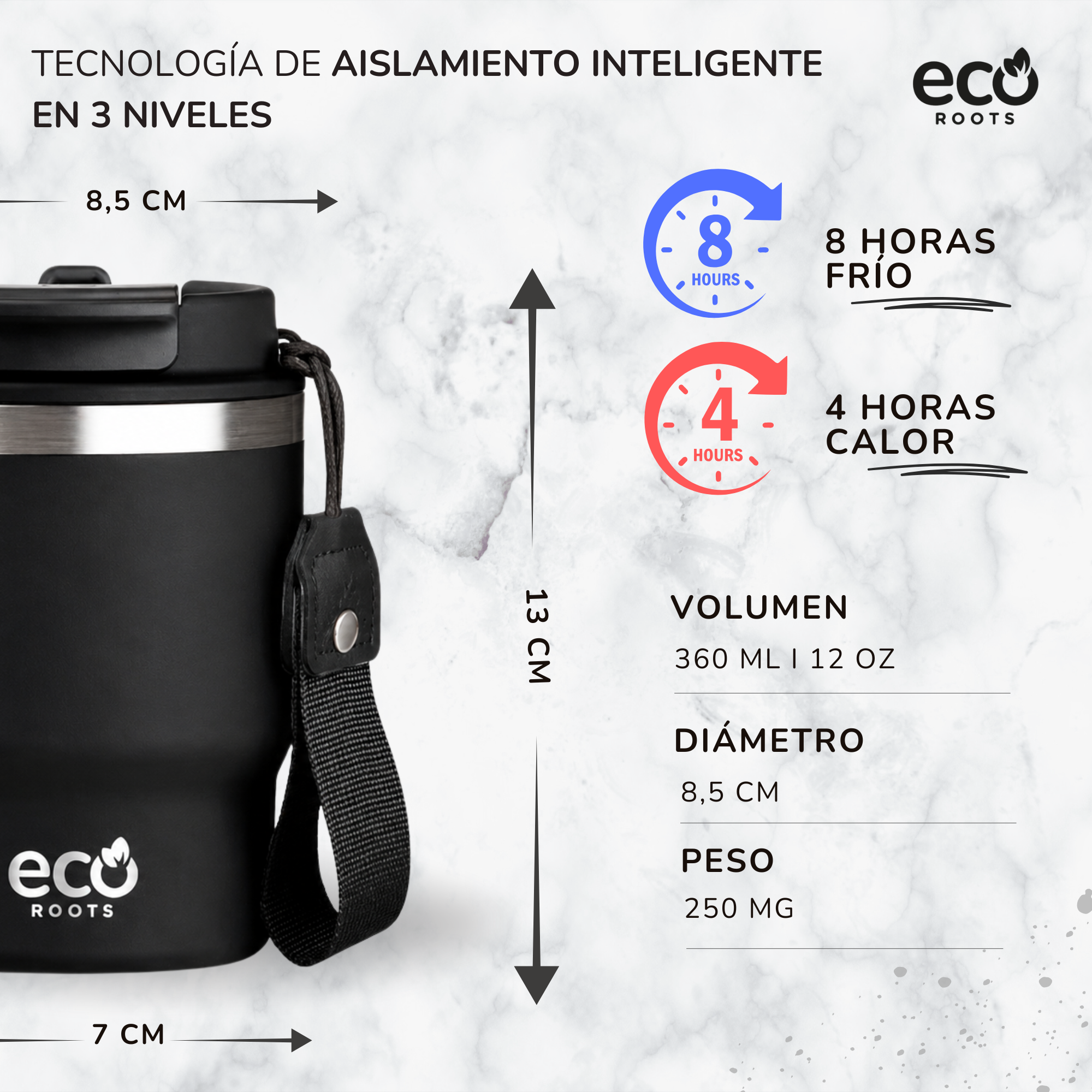 Taza térmica negra EcoRoots con medidas e iconos de temperatura sobre fondo de mármol.