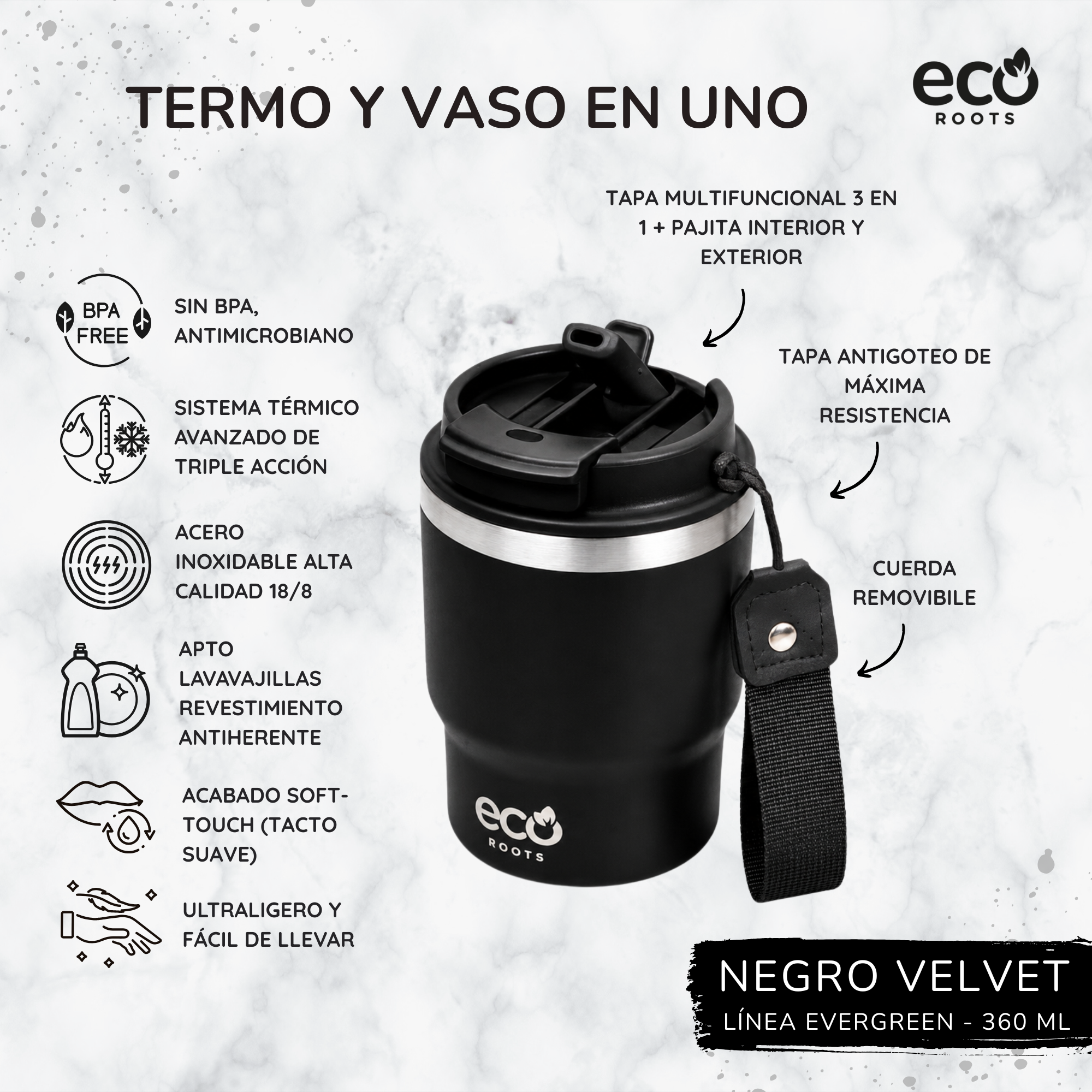 Un termo de viaje negro Eco Roots con características descritas en español sobre un fondo de mármol.