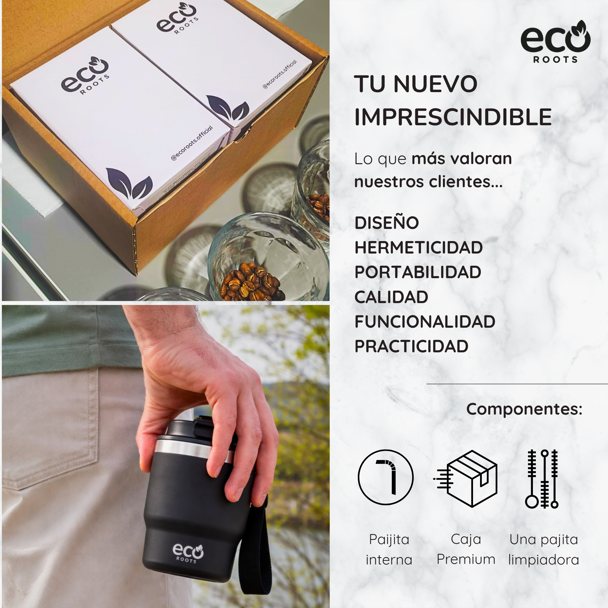 Anuncio de Eco Roots con envase ecológico, granos de café y un vaso térmico reutilizable.