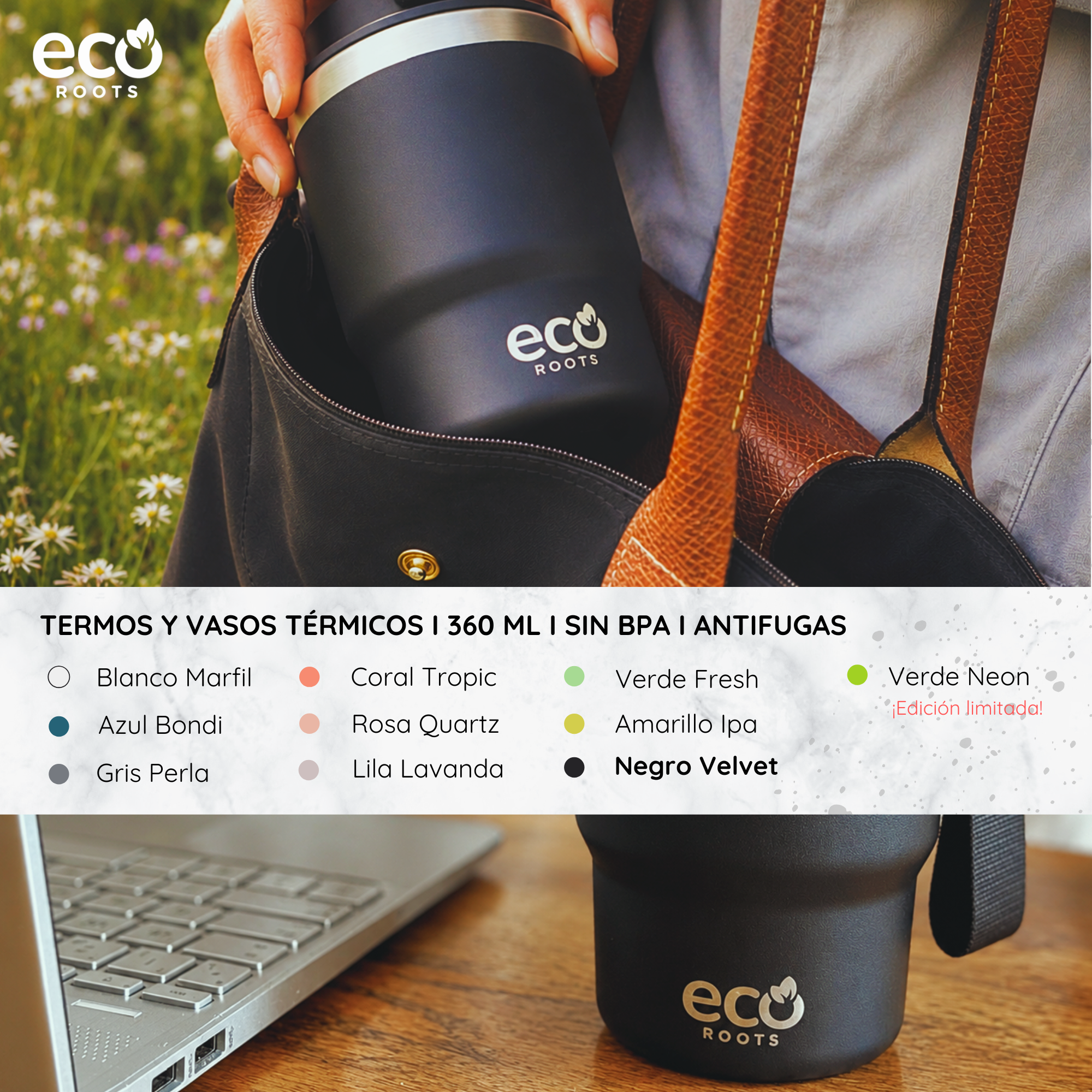 Un termo negro de Eco Roots en un bolso y en un escritorio de madera junto a una computadora, con opciones de color.