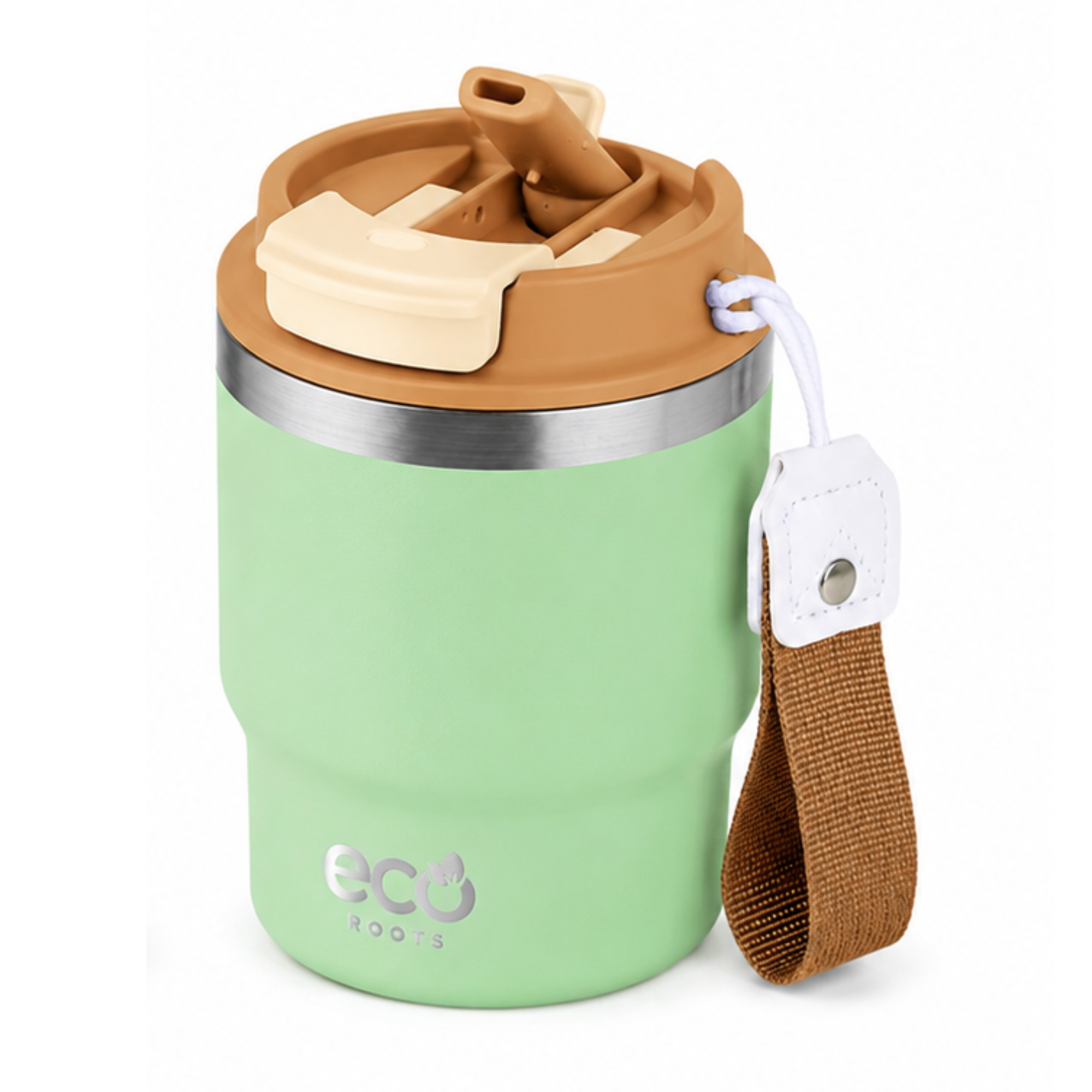 Una taza de viaje verde menta con tapa marrón, borde plateado y correa de transporte marrón sobre fondo blanco.