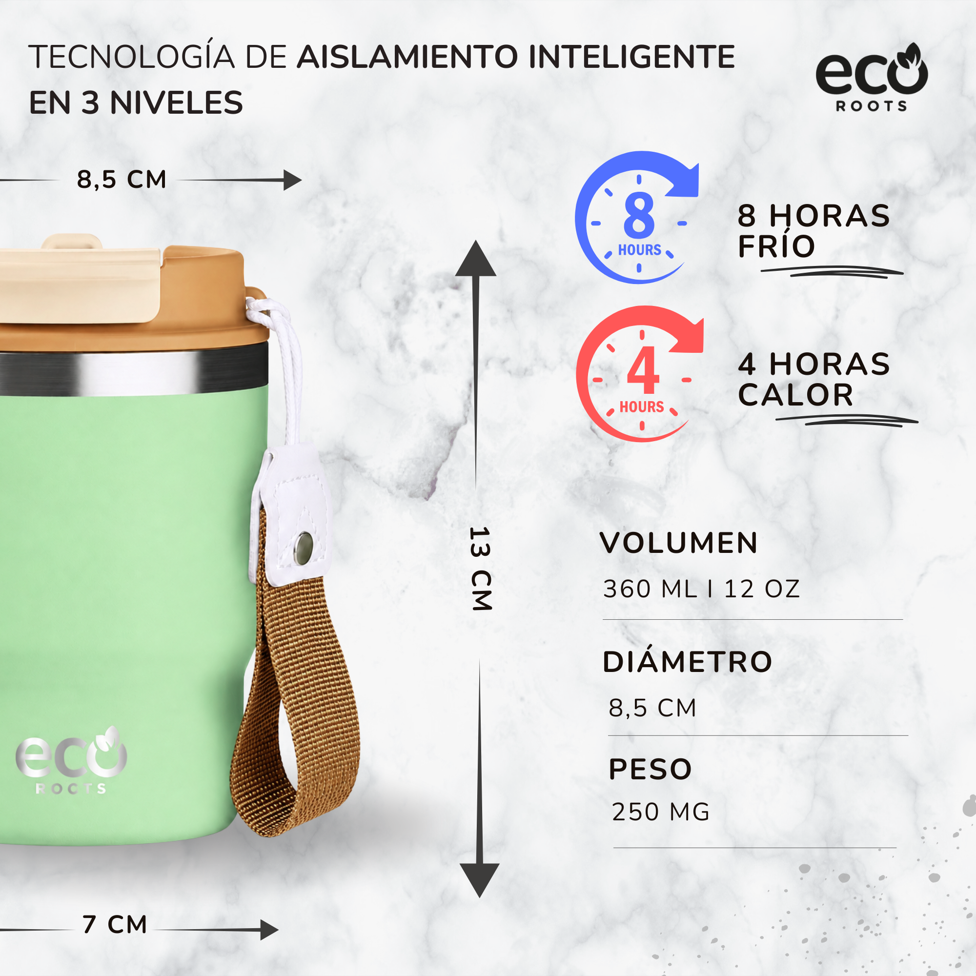 Termo verde sobre fondo de mármol blanco con detalles de aislamiento y medidas.