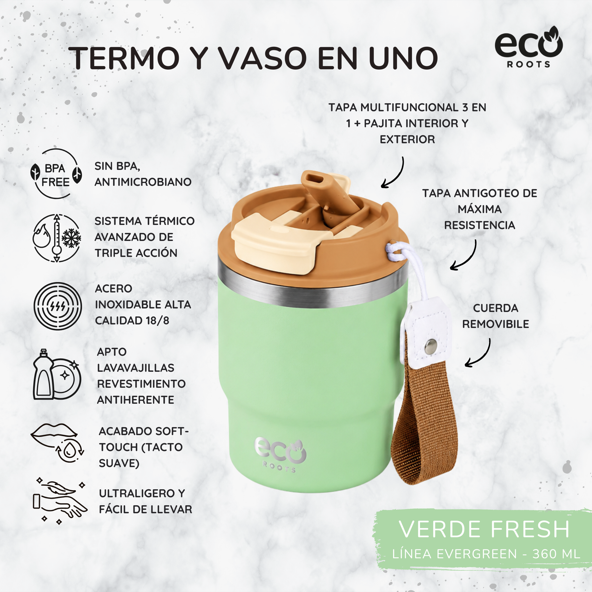 Vaso térmico de acero inoxidable verde con tapa marrón y correa, rodeado de características.
