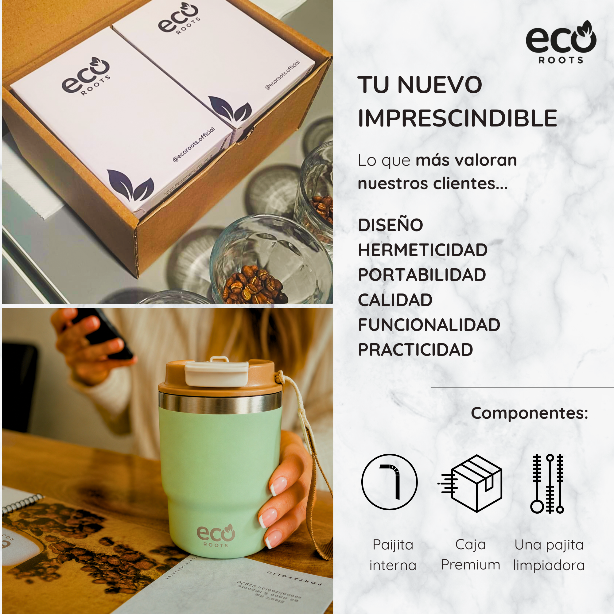 Anuncio de producto EcoRoots con un vaso verde menta, cajas de embalaje y texto en español.