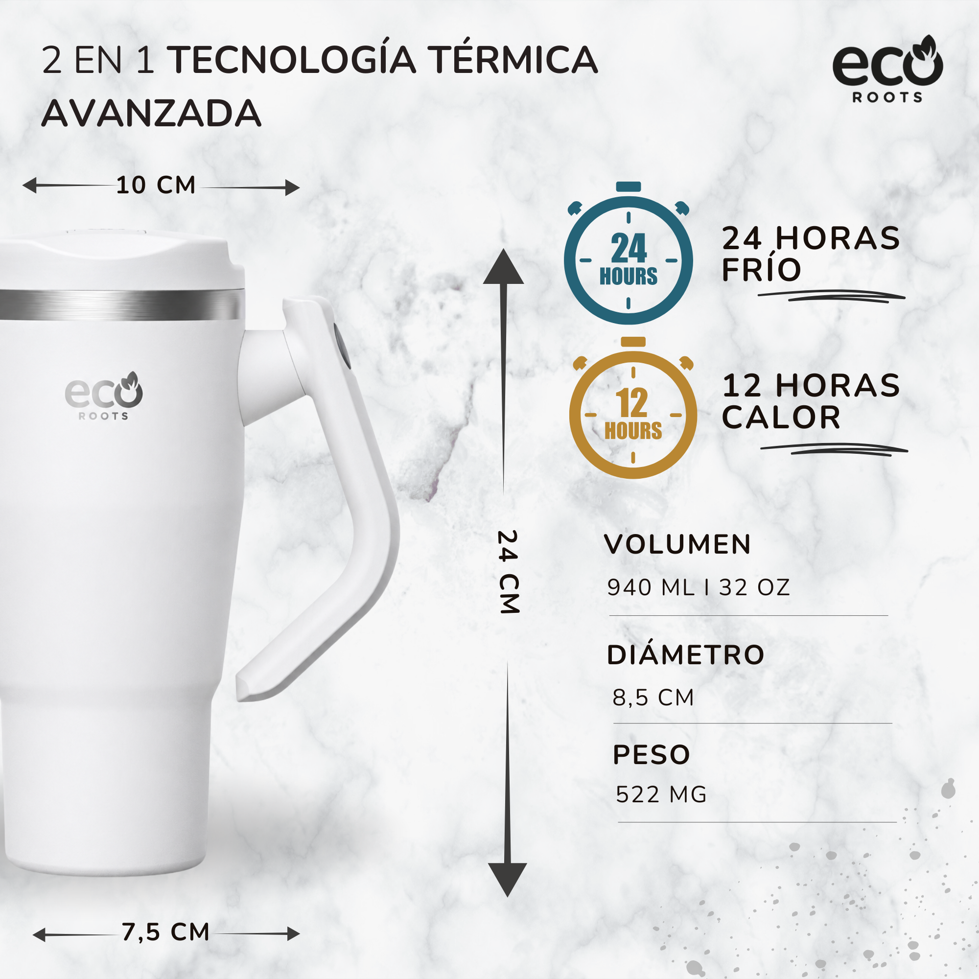 Taza térmica blanca sobre fondo de mármol con medidas e iconos de 24h frío y 12h calor.