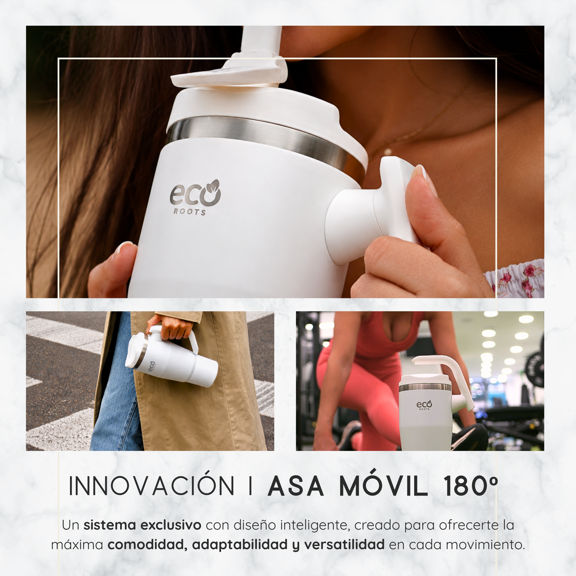 Un termo blanco Eco Roots con asa móvil de 180 grados en diferentes situaciones cotidianas.