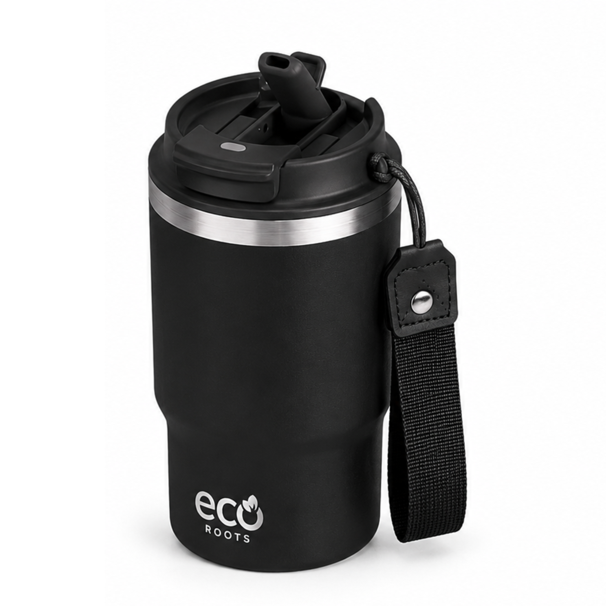 Un vaso térmico negro con logotipo blanco, tapa negra con pajita y una correa de transporte negra adjunta.