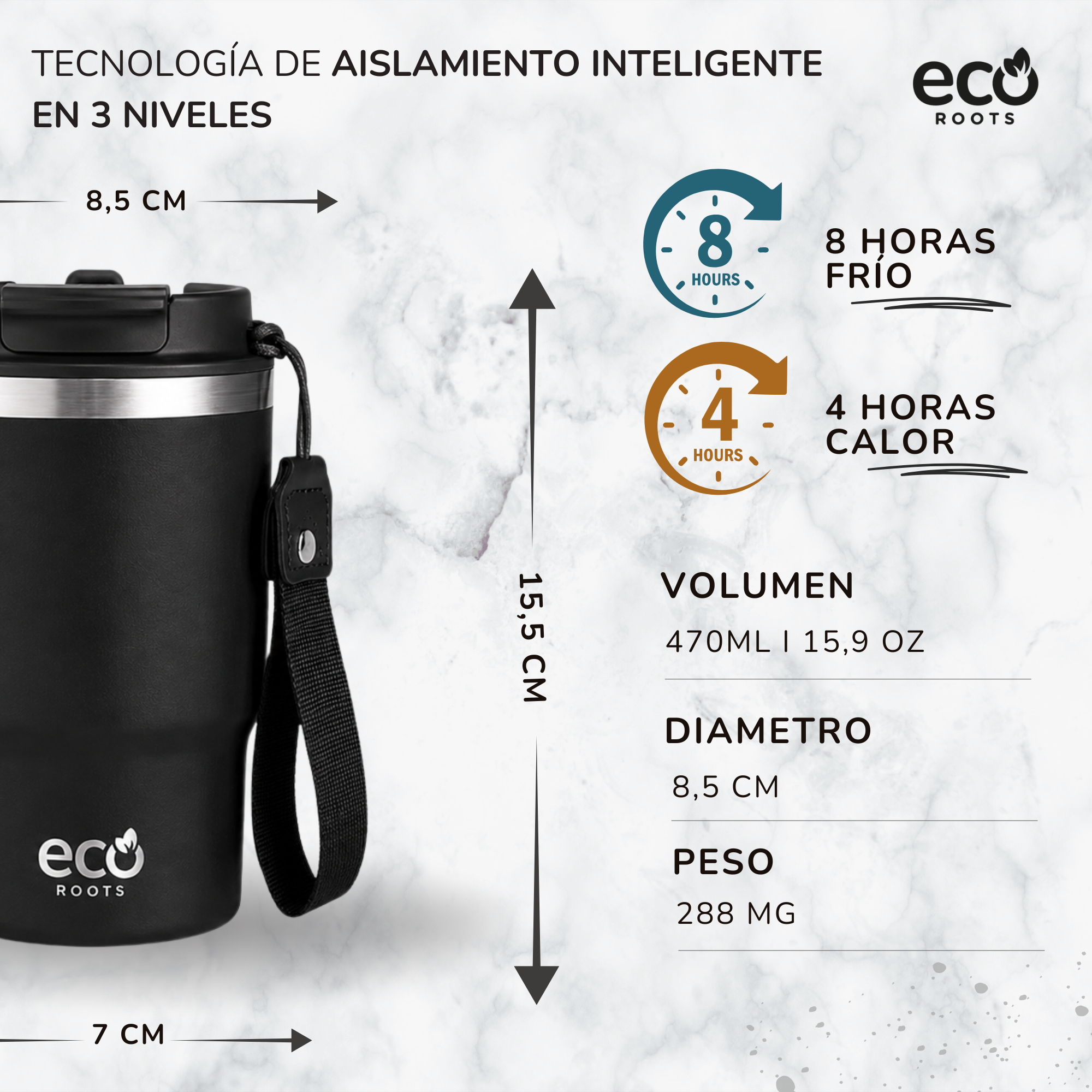 Vaso térmico negro con dimensiones, logo e iconos de 8 horas frío y 4 horas calor.