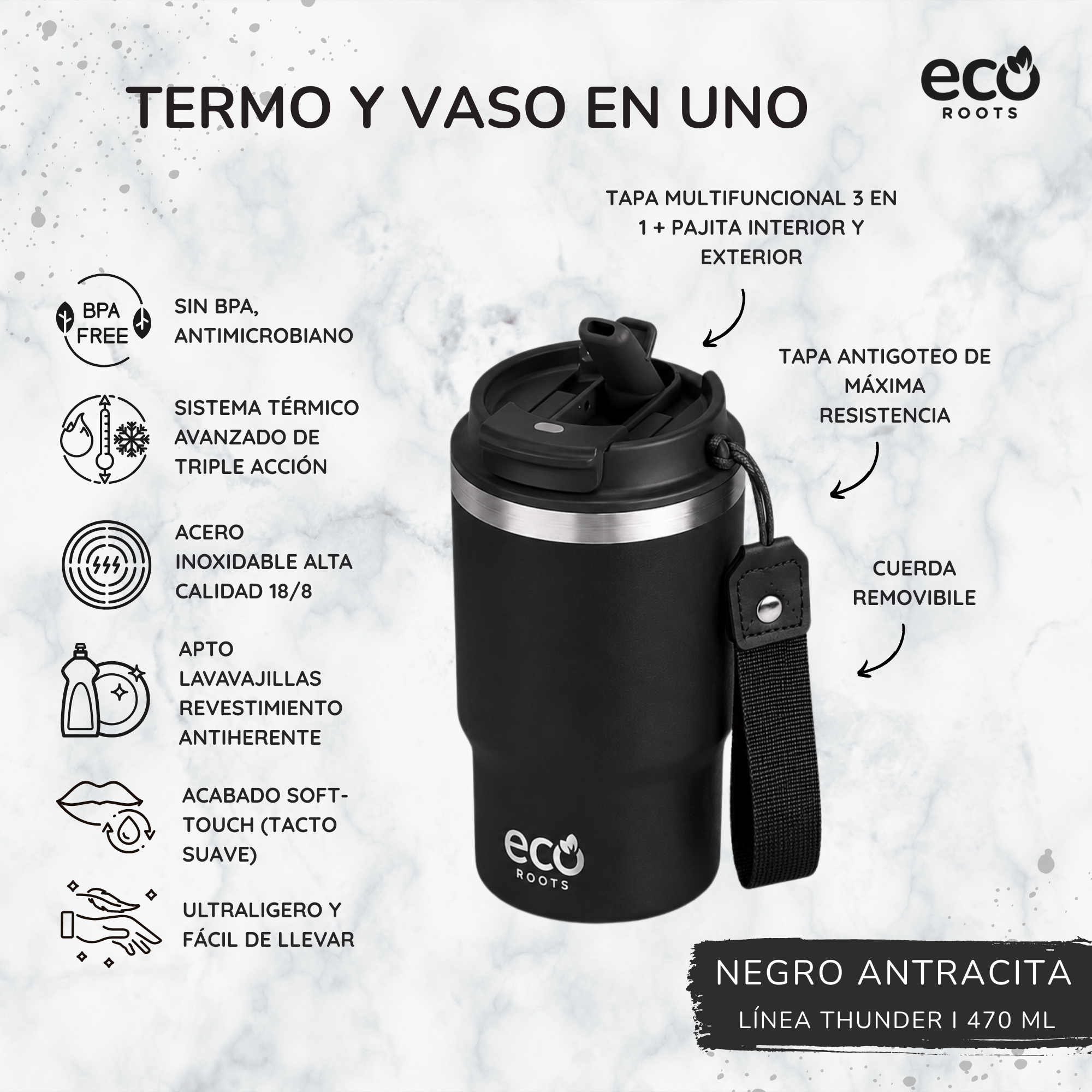 Vaso térmico negro antracita con correa y tapa multifuncional sobre fondo de mármol con descripciones en español.