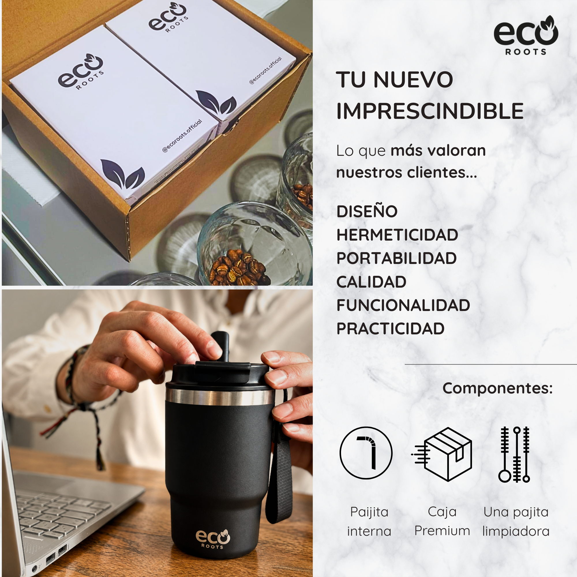 Taza de café Eco Roots con caja y texto en fondo de mármol.