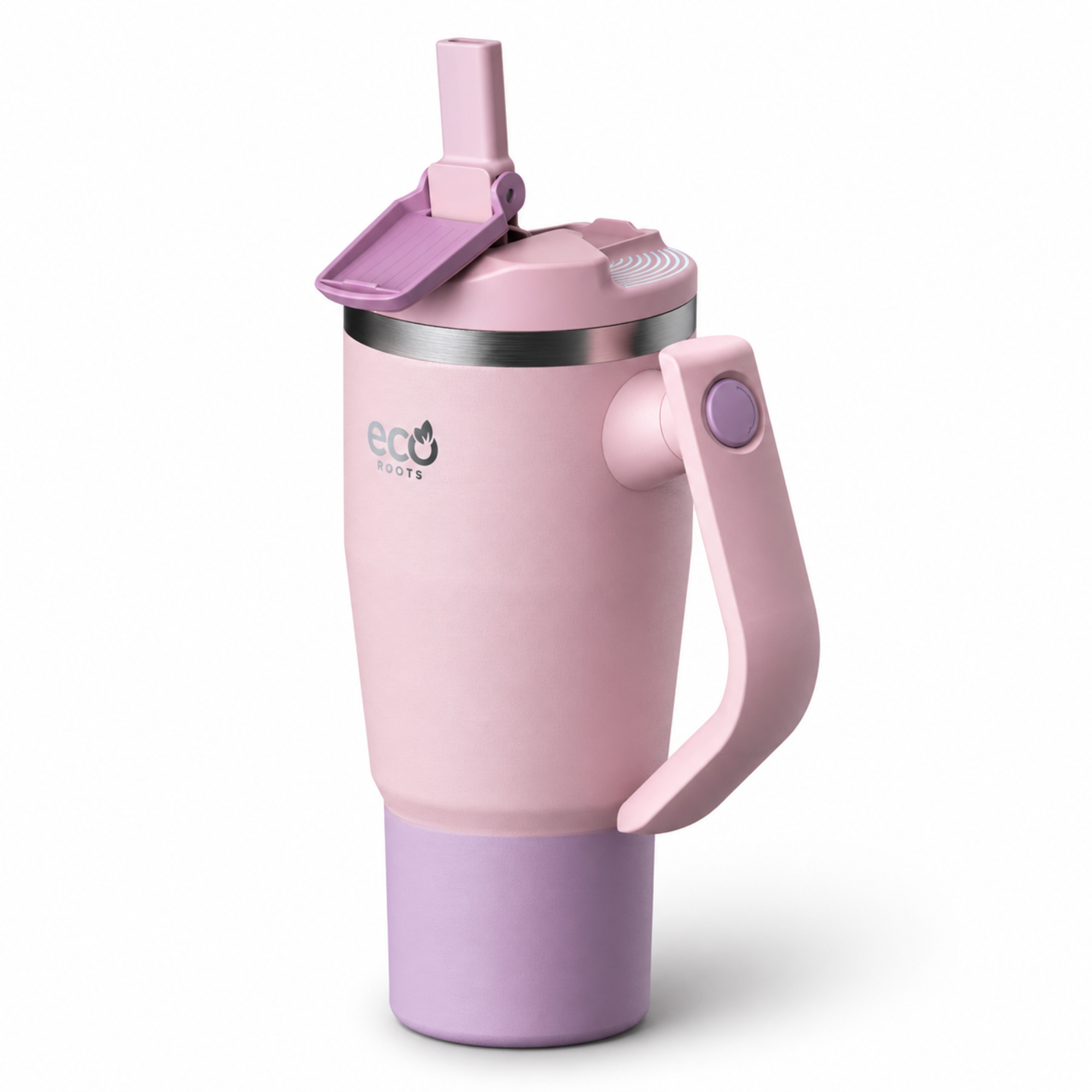 Un vaso térmico rosa y morado con asa, tapa con pajita y el logotipo de Eco Roots sobre fondo blanco.