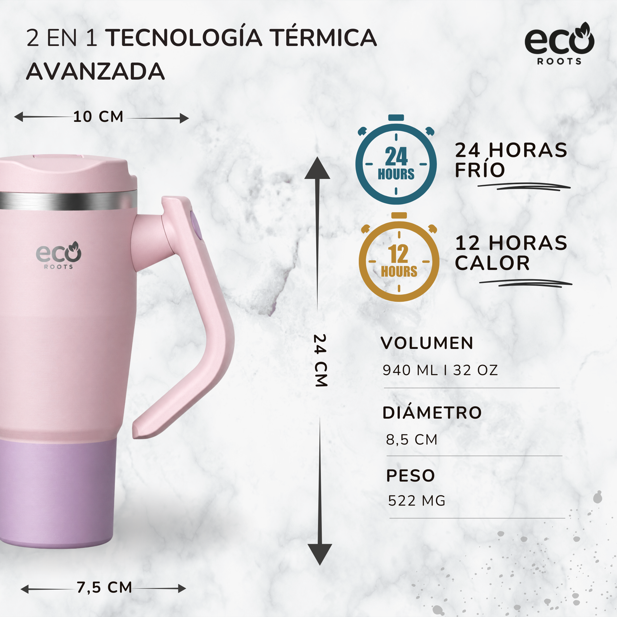 Taza térmica rosa con asa y medidas sobre fondo de mármol.