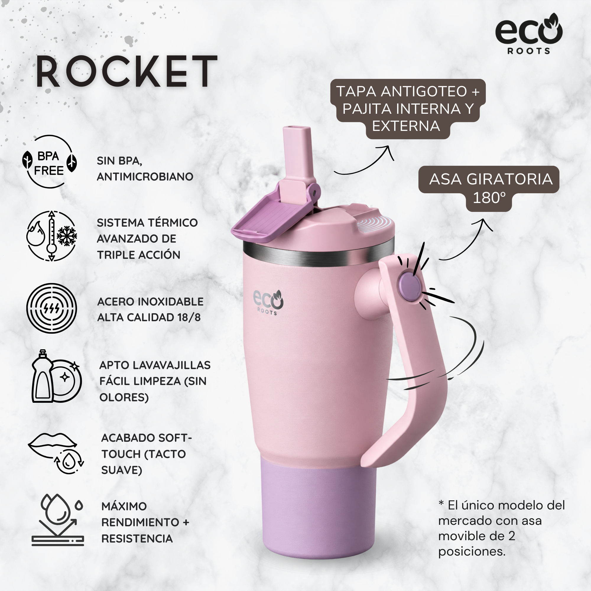 Vaso térmico rosa con pajita y asa giratoria sobre fondo de mármol blanco, rodeado de características del producto.