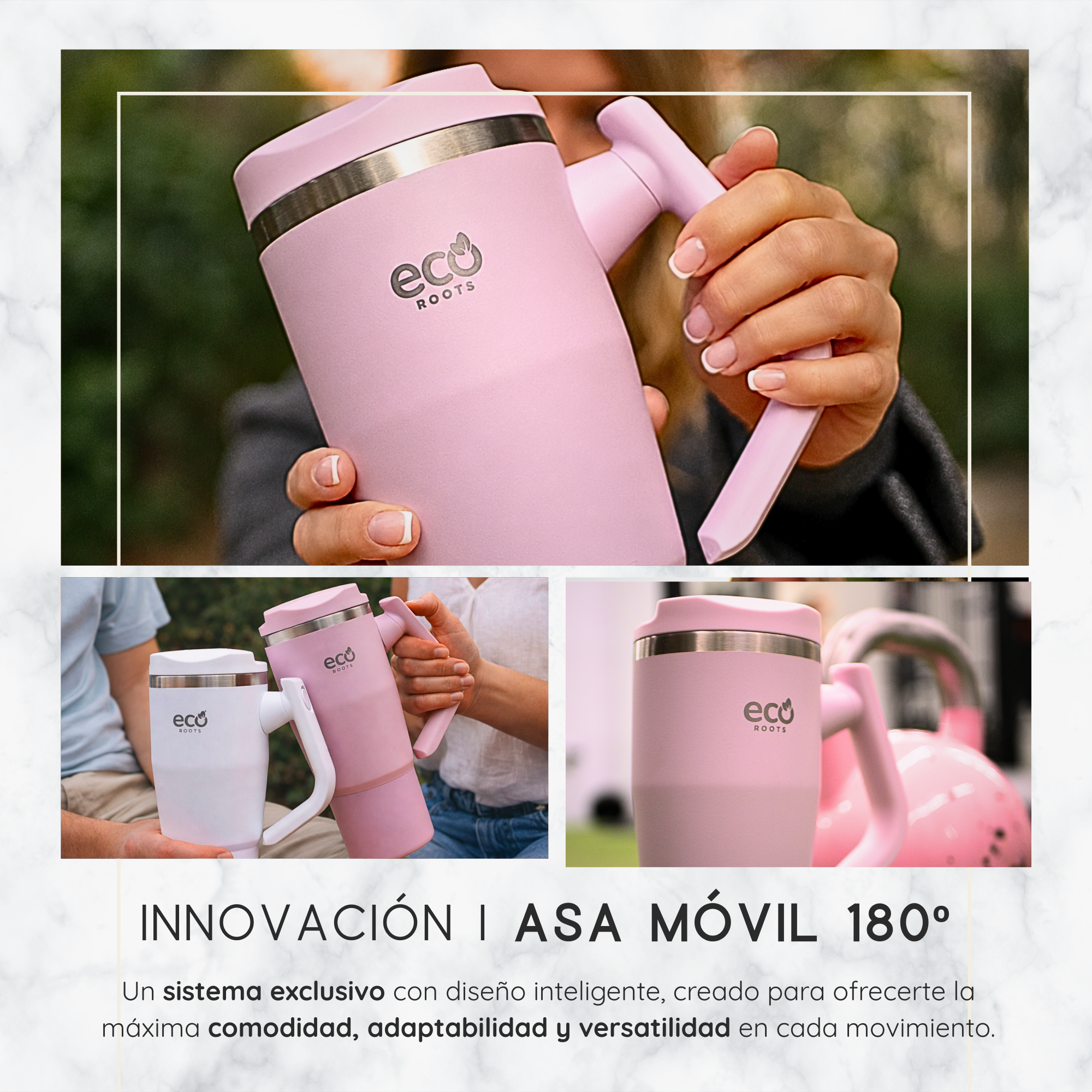 Persona sosteniendo una taza rosa Eco Roots con asa móvil de 180 grados.