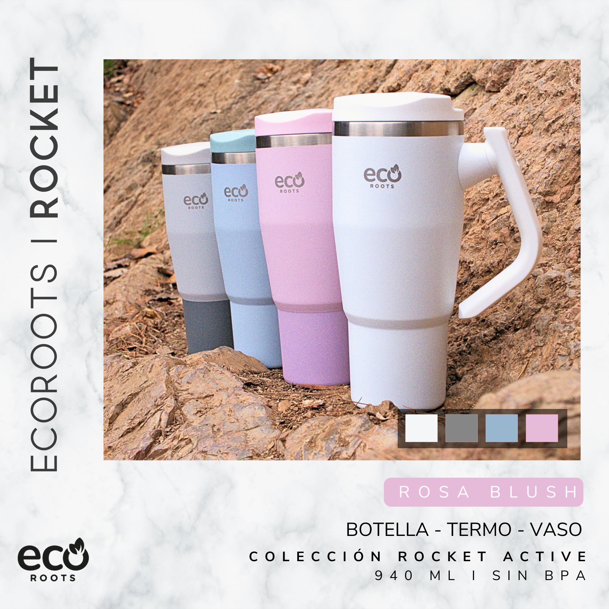 Cuatro tazas de viaje EcoRoots Rocket en blanco, rosa, azul y gris, mostradas al aire libre sobre fondo rocoso.